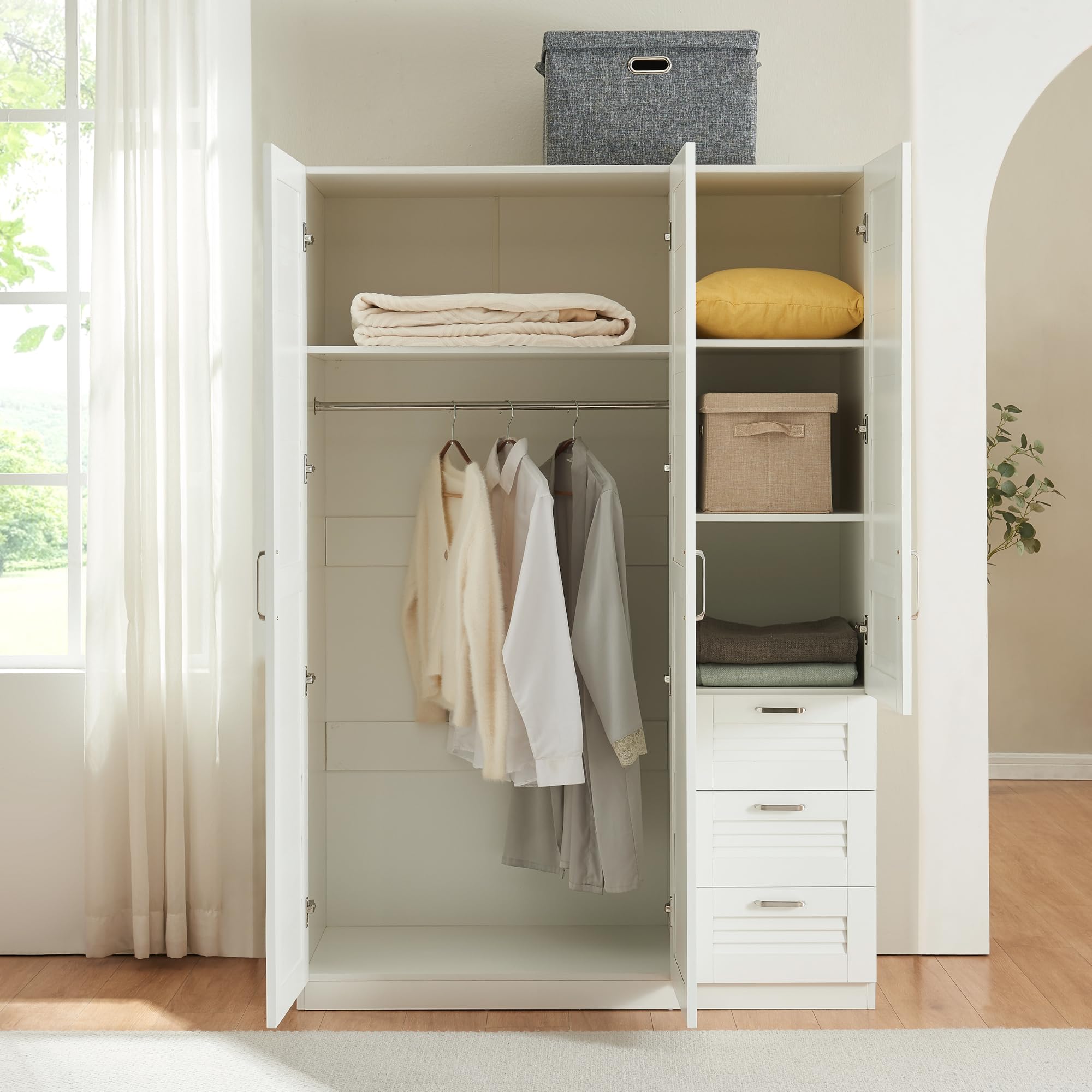 [en.casa] Armadio Guardaroba per Camera da Letto Armadio Chiuso con Ante a Persiana Scomparti Cassettiera Asta Appendiabiti 176 x 120 x 52 cm MDF - Bianco