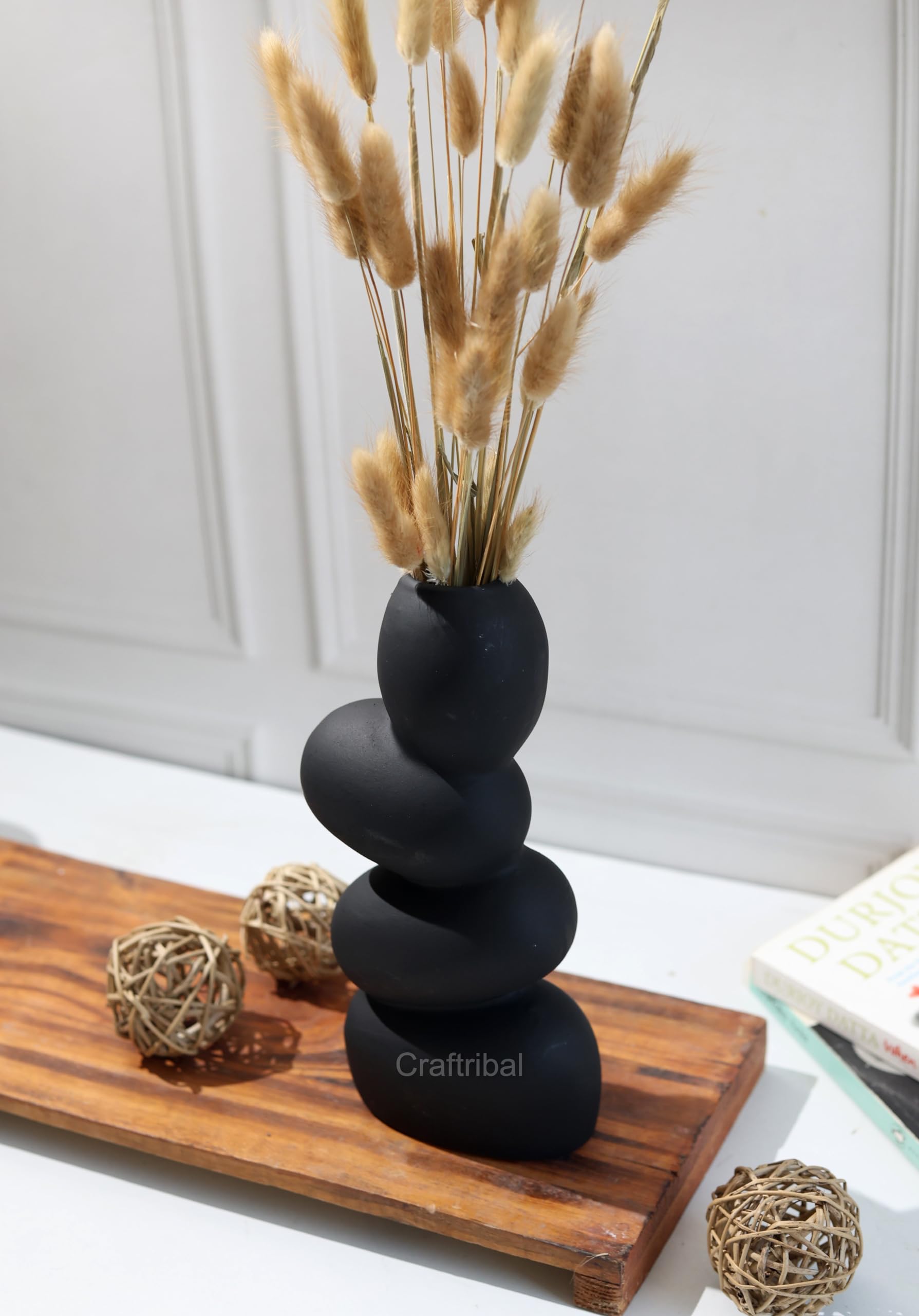 Craftribal's Pebble Vase|Ceramic Flower Vase|10 Inches|Stone Vase|Color (Black) Pebble vase for Flowers Pampass Grass Home Decor Living Room Bedroom Office Center Table-image-41