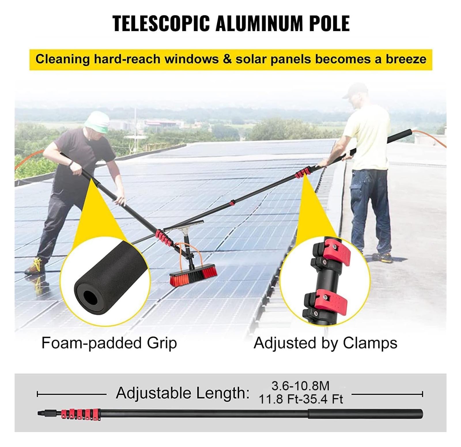 Cepillo telescópico para suministro de agua, cepillo de limpieza de ventanas de cristal de alta montaña, cepillo de paso de agua con extractor, limpieza de flujo de agua (cabeza de cepillo de 55 cm, 9