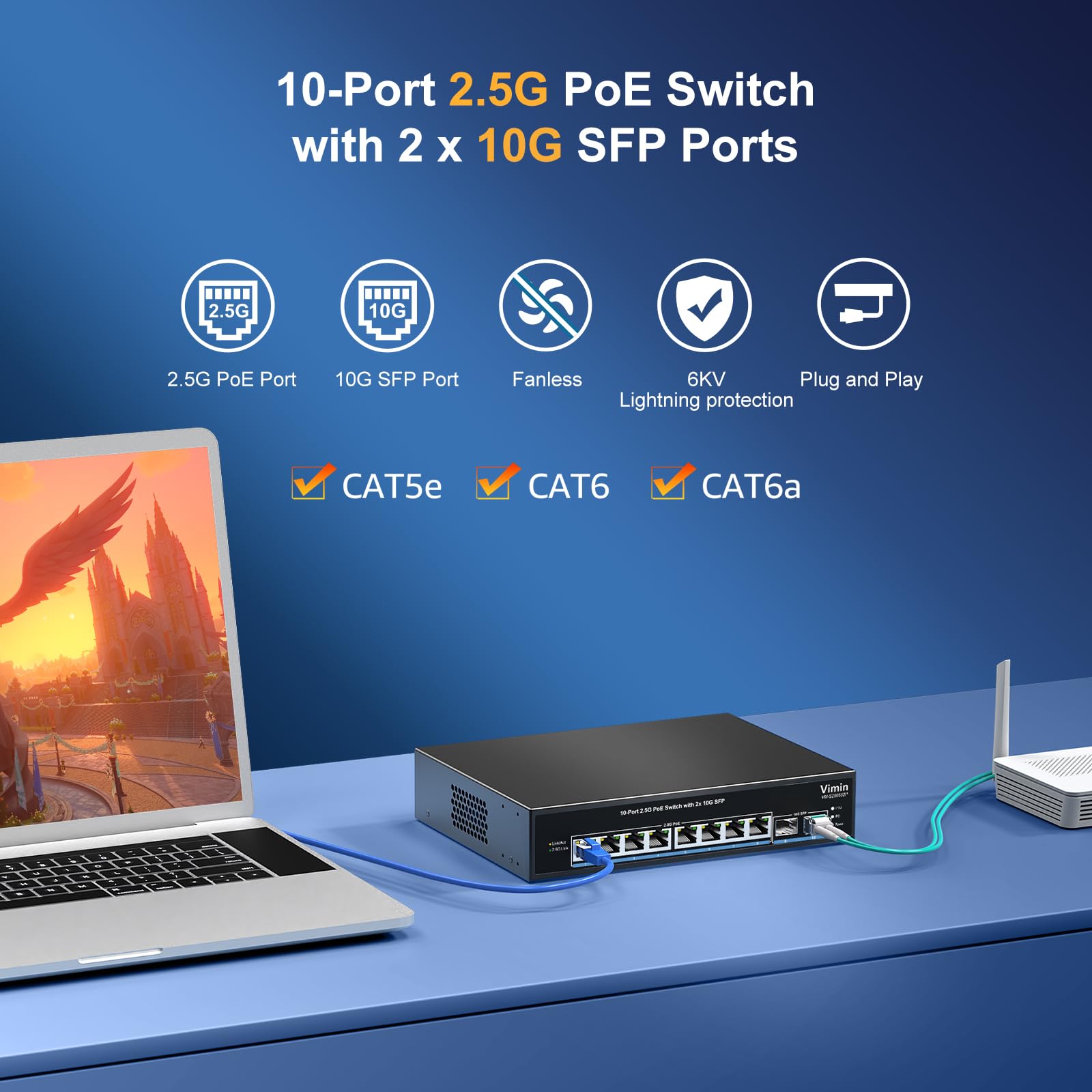 VIMIN Switch PoE a 10 porte 2,5G non gestito, 8X 2,5G Base-T PoE @130W+2X 10Gbps SFP, 8 porte PoE Switch con capacità di commutazione Ethernet 80Gbps, supporto IEEE802.3af/at, VLAN, alloggiamento in