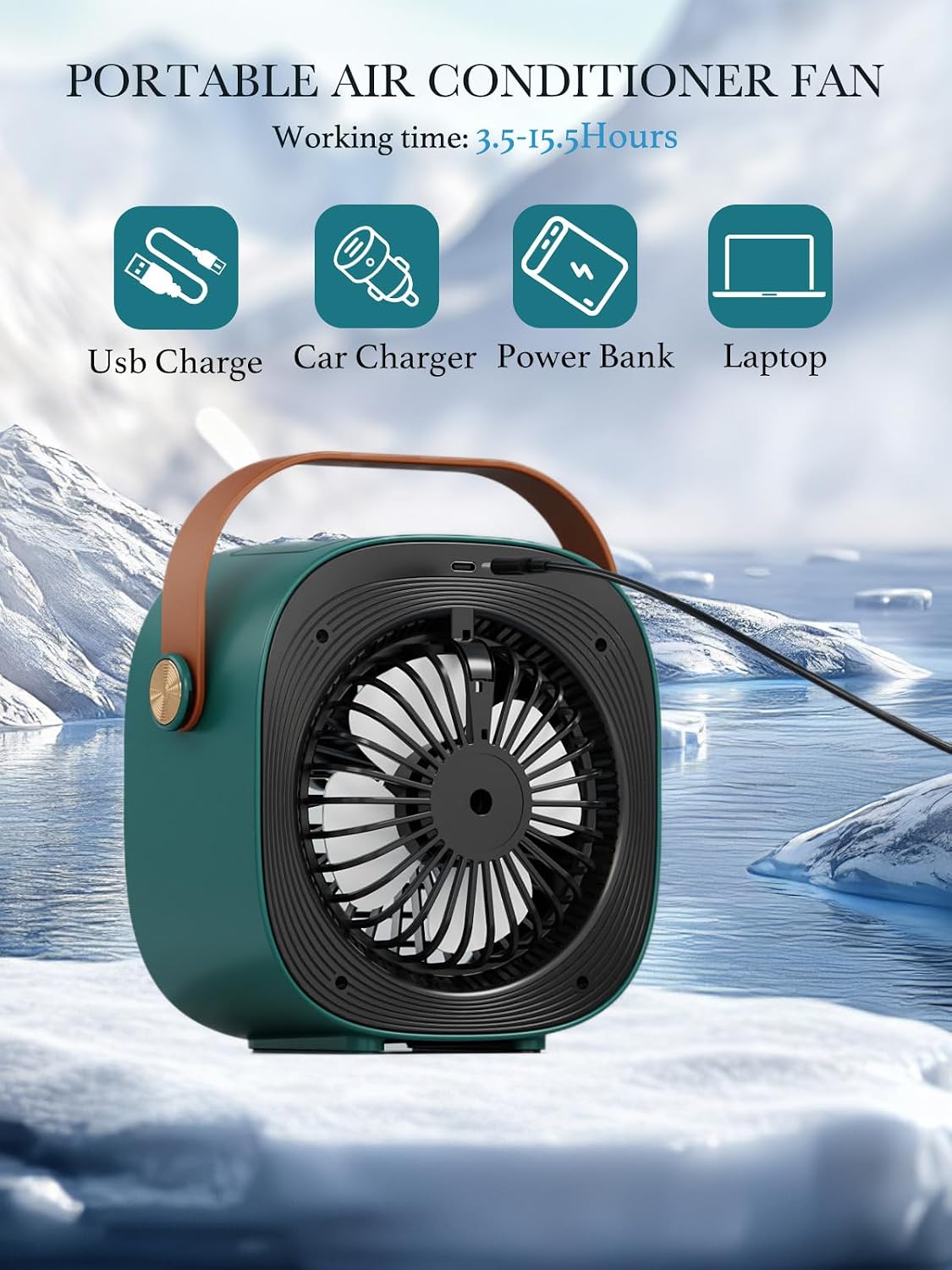 Portable Air Cooling Fan -6000mAh Rechargeable Mini Ice Cooler with 3 Speed Settings,3.5-15.5 Hours Runtime,Quiet Desk Cooling Fan, Green Personal Air Cooler for Car,Bedroom, ravel,Office,Outdoor