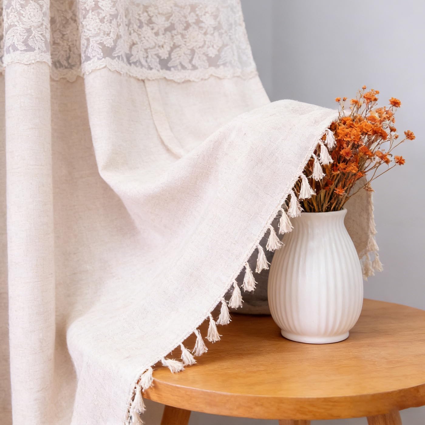 Boho Tassel Floral Lace Tie Up Curtains Rustic Farmhouse Balloon Shades Beige Valance Light Filtering Adjustable Rod Pocket for Small Window Kitchen Bathroom W42 X L63 Inches 1 Panel