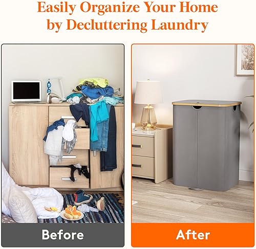 Miniatura 7 de Lifewit Cesta doble para la ropa sucia de 150 litros con tapa, cesta doble grande para la ropa sucia, bolsas extraíbles, 2 secciones estéticas para