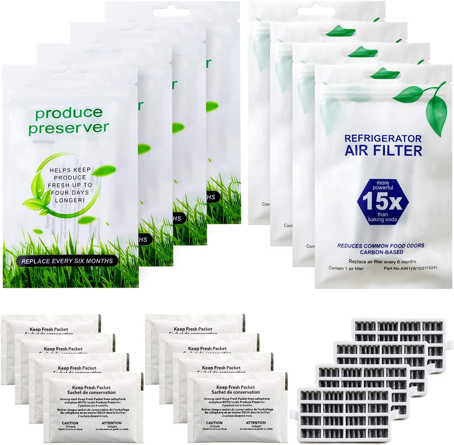 Funmit W10311524 Air Filter (4 Pack) & W10346771A Freshflow Produce Preserver (8 Pack) Replacement for Whirlpool Refrigerator