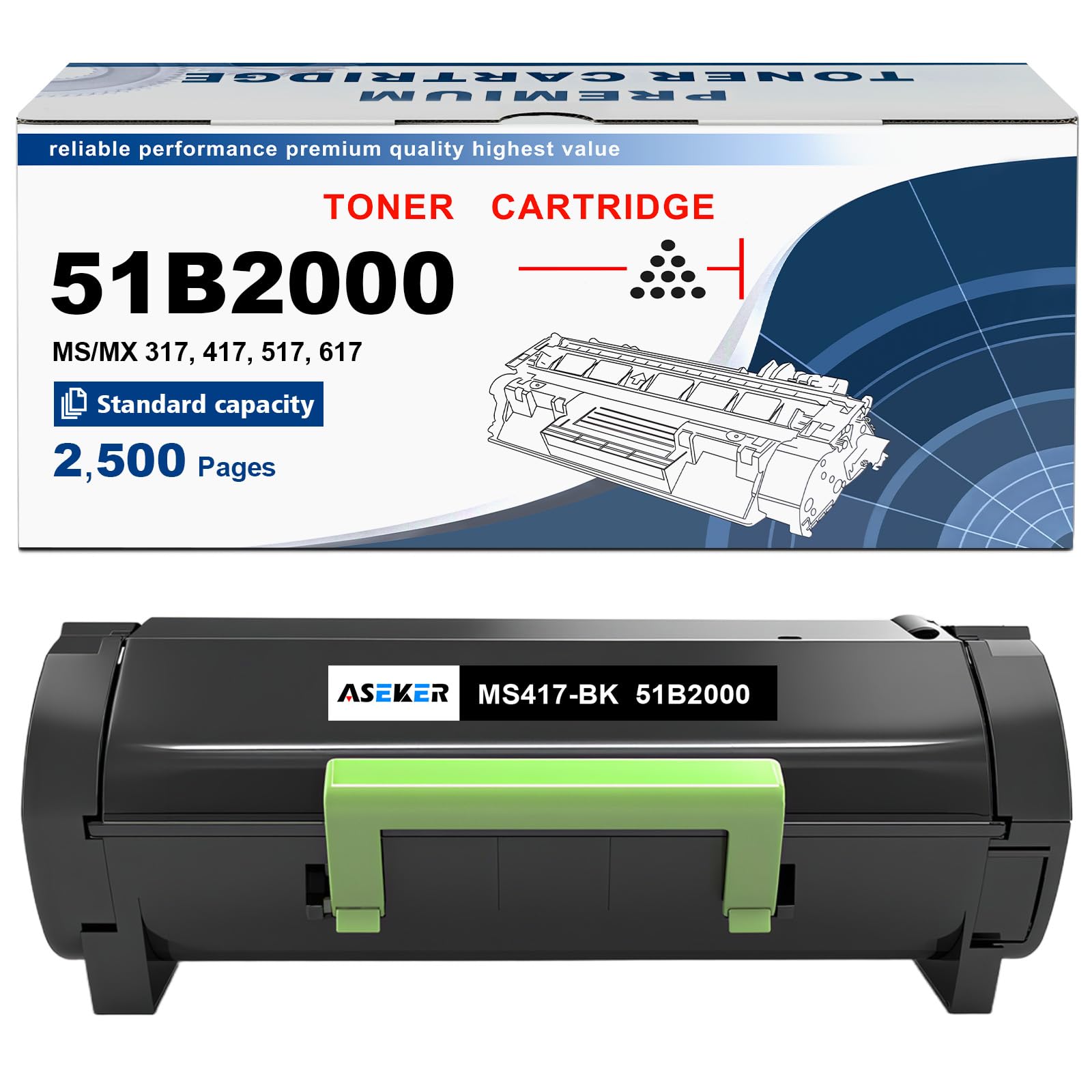 Kompatibel 51B2000 51B00A0 Tonerkartusche 2500 Seiten Schwarz Kompatibel für Lexmark MS317 MS317DN MS417 MS417DN MS517 MS517DN MS617 MS617DN MX317 MX317DN MX417 MX417DE MX517 MX517DE MX617 MX617DE