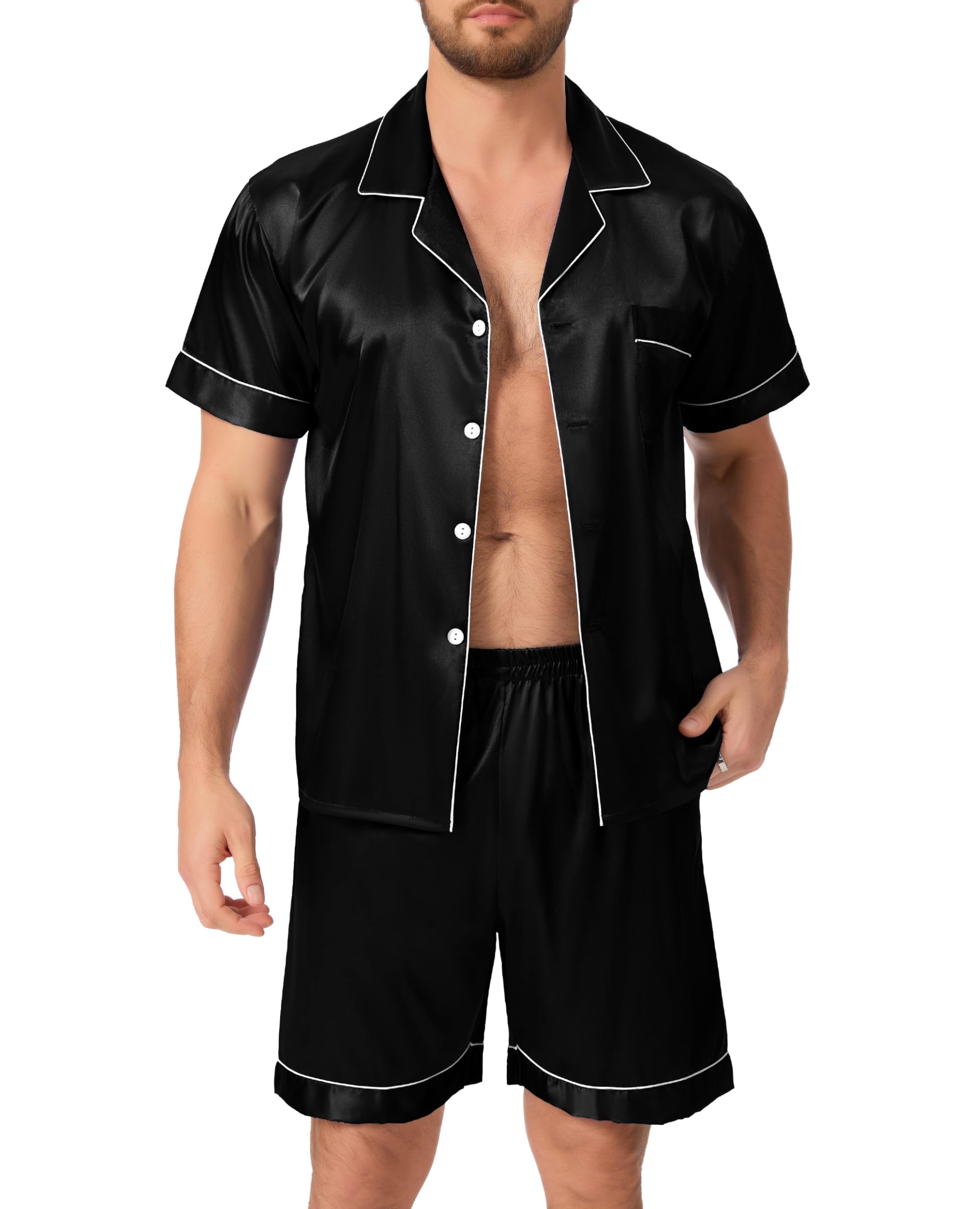Lovasy Pigiama Uomo in Raso Estivo con Bottoni Davanti Pigiami Set Corta Scollo a V e Maniche Corte 2 Pezzi Seta Pigiama da Casa Leggero T-Shirt