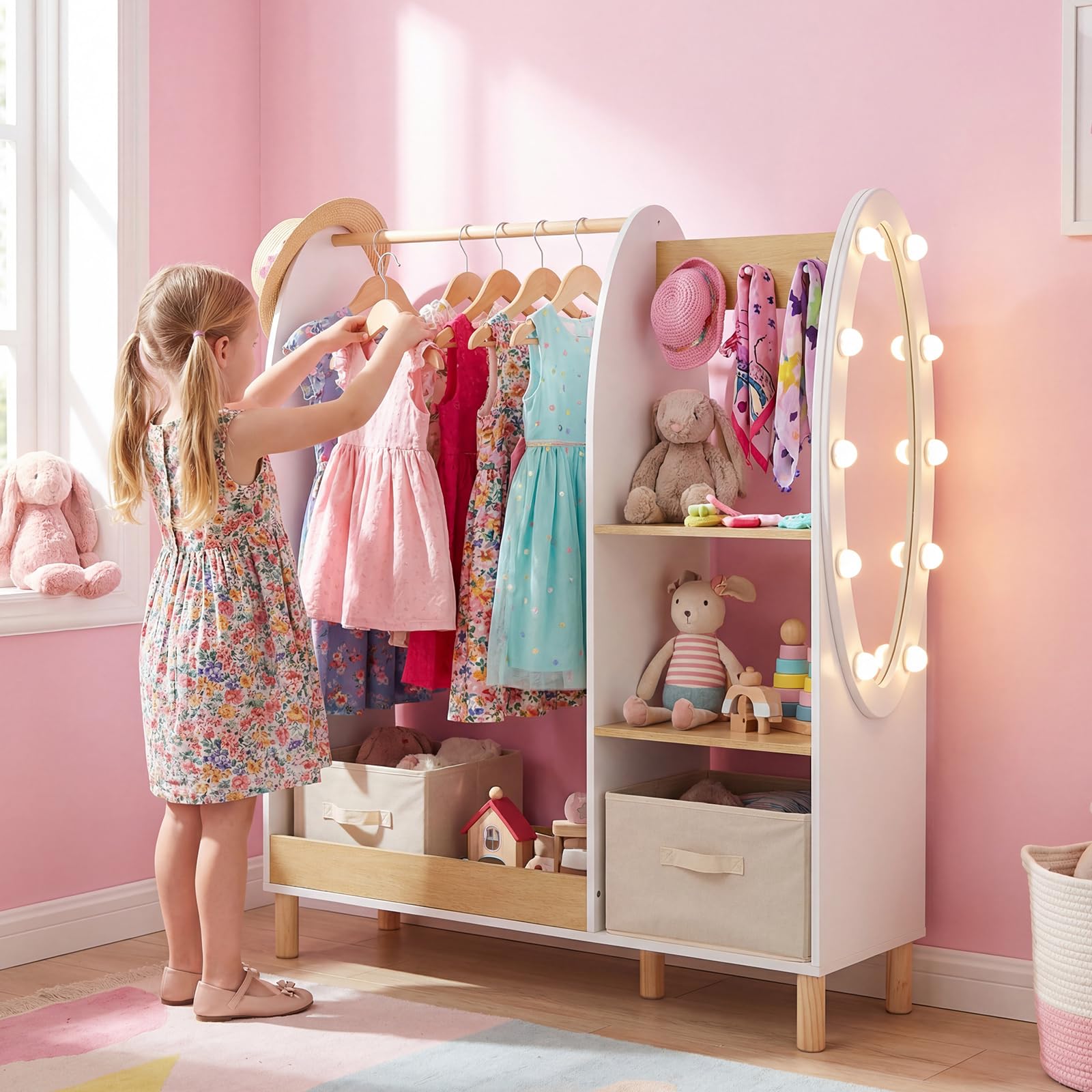 COSTWAY Armario Infantil con Espejo y Luces, Armario de Ropa con Estantes y Ganchos para Niños