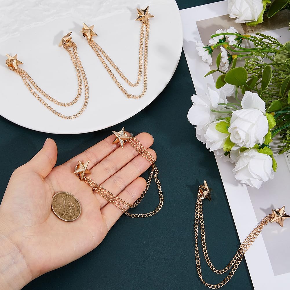 SUPERFINDINGS 4Pcs Long Chain Brooch Star Tassel Lapel Pins Men's Double Star Chain Alloy Suit Pins Collar Pin Tassel Suit Collar Brooch for Men Women Suits Gifts