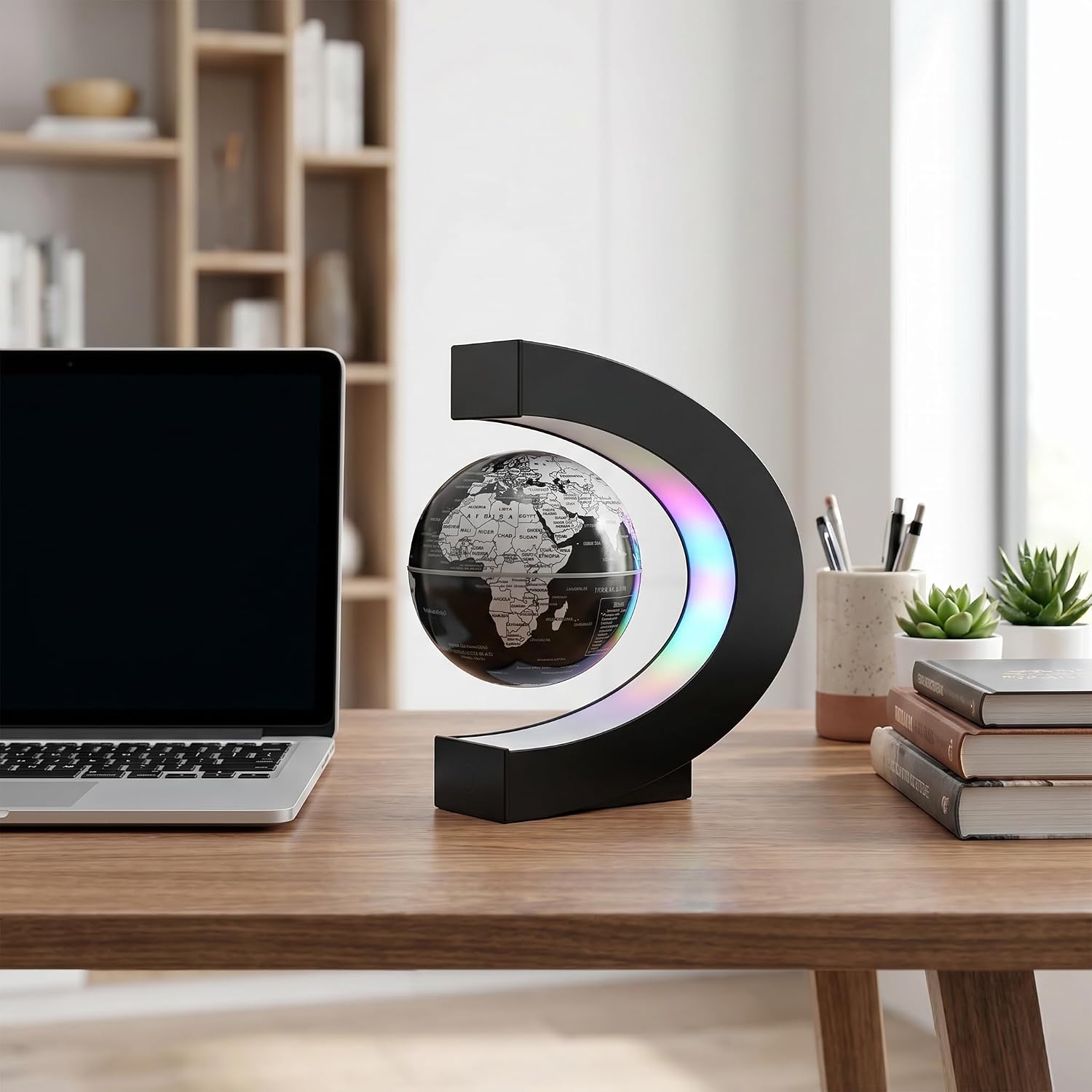 Magnetic Levitating Floating Globe, Rotating World Globe, C-frame | Touch Switch, Frame & Globe with Colored Lamp, Stable Mid-air Suspension, Cool Home Office Desk Decor, Unique Tech Gifts
