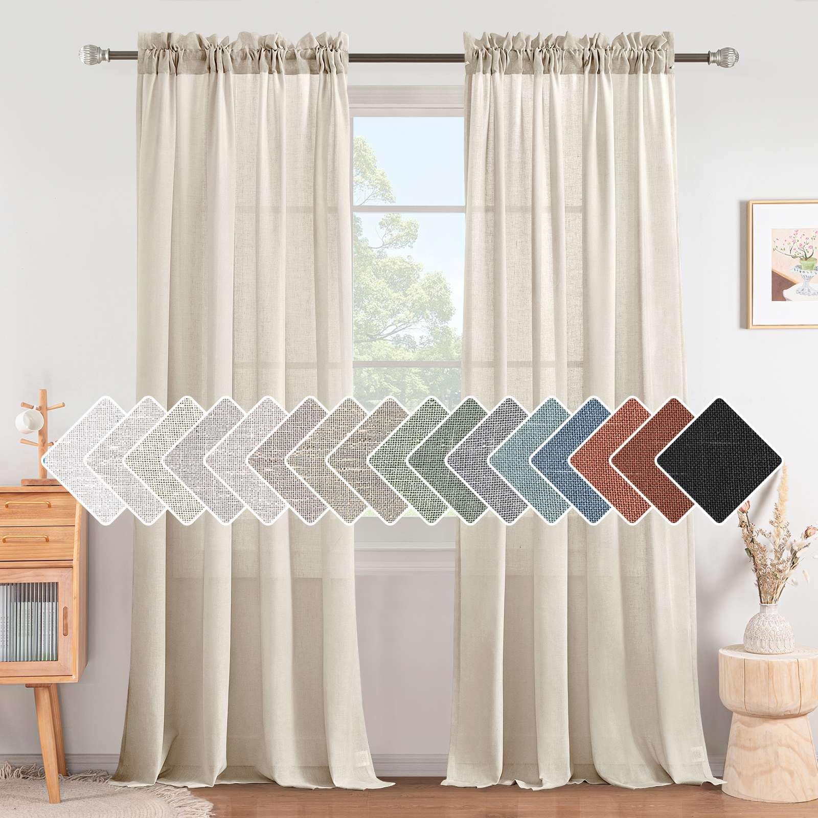 H.VERSAILTEX Natural Linen Curtains 108 Inches Long for Living Room 2 Panels Rod Pocket Draperies Soft Cotton Textured Semi Sheer Linen Curtains for Large Window Vertical 9 FT Tall, Heathered Natural