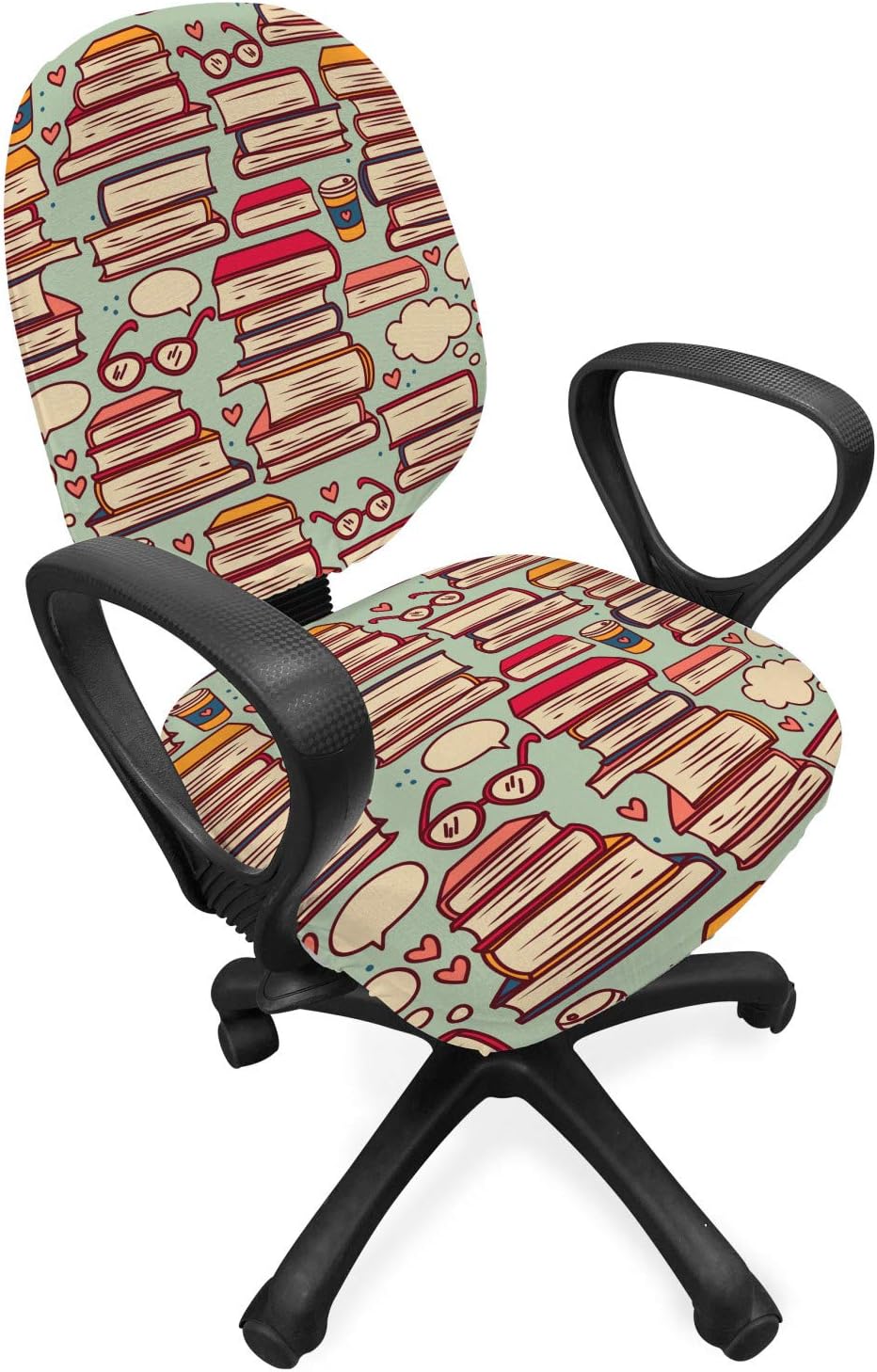 Ambesonne Cartoon Office Chair Slipcover, Stack of Books with Coffee Cups and Eyeglasses Retro Nerdy, Protective Stretch Decorative Fabric Cover, Standard Size, Pink Sage Green