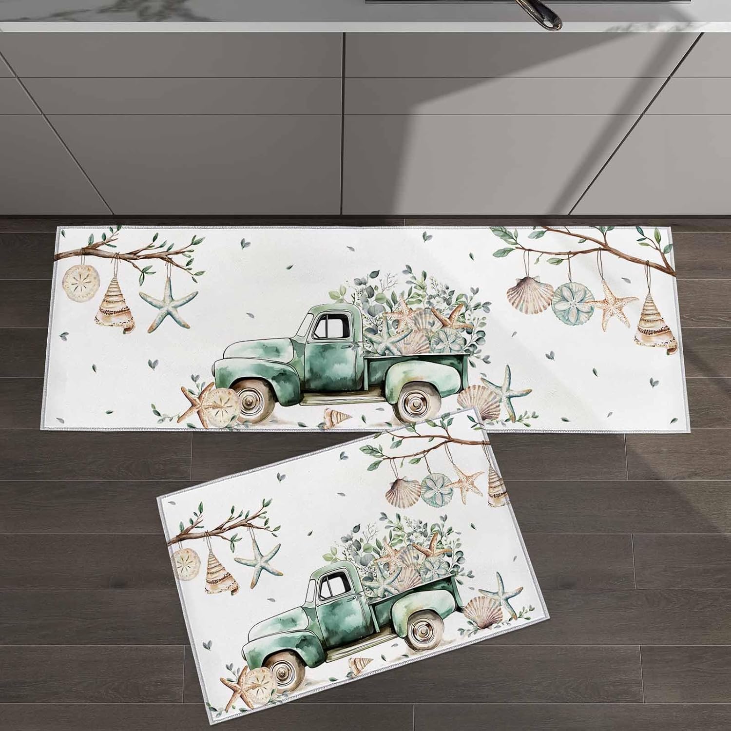2 Pieces Kitchen Rugs and Mats,Sage Green Truck Ocean Shell Starfish Area Runner Rug Set Non Slip Floor Doormat Washable Carpet Standing Mat for Kitchen Sink Indoor Corridor,Watercolor Leaf Painting