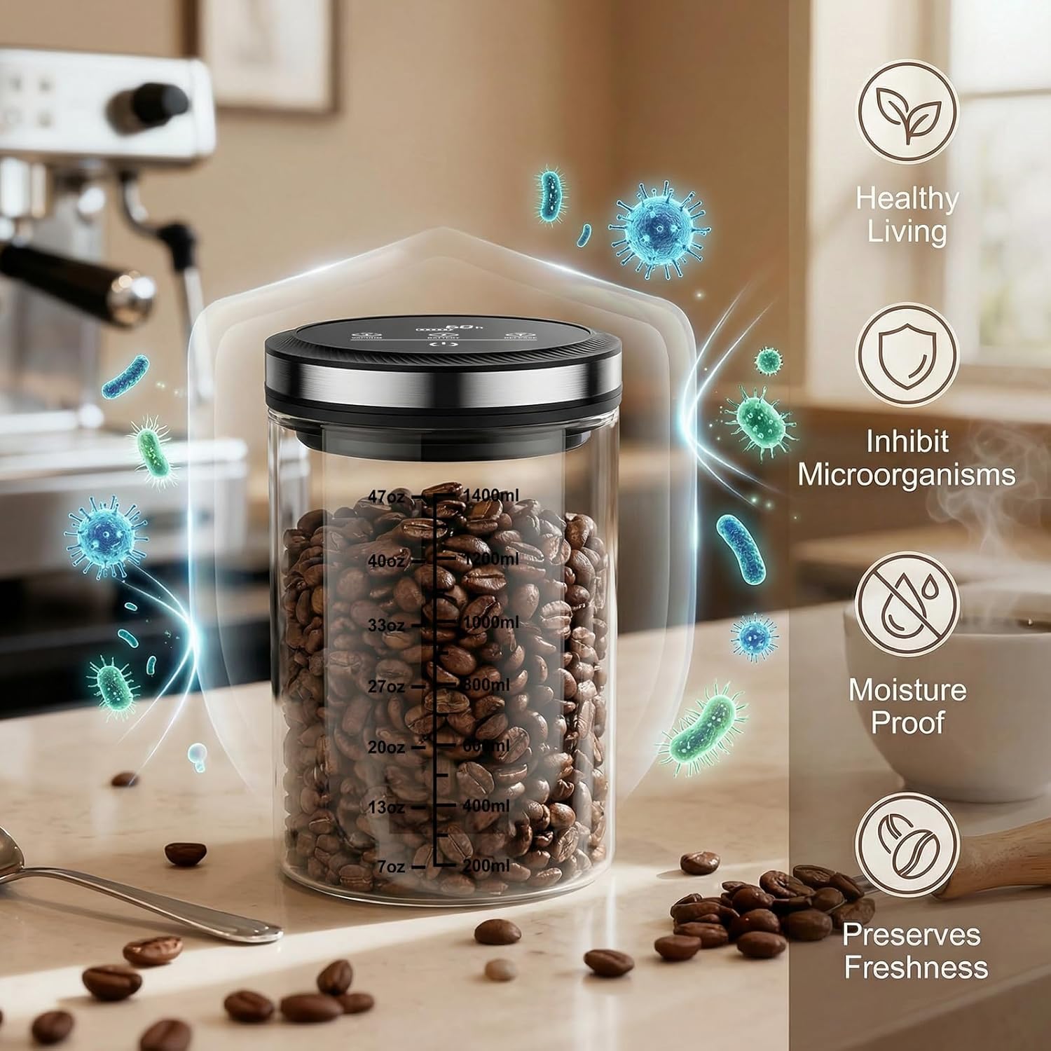 Automatic Vacuum Coffee Canister, Airtight Coffee Container with Graduated Scale and Vacuum Duration Display. Features Transparent Borosilicate Glass Construction and a 1.6L Large Capacity