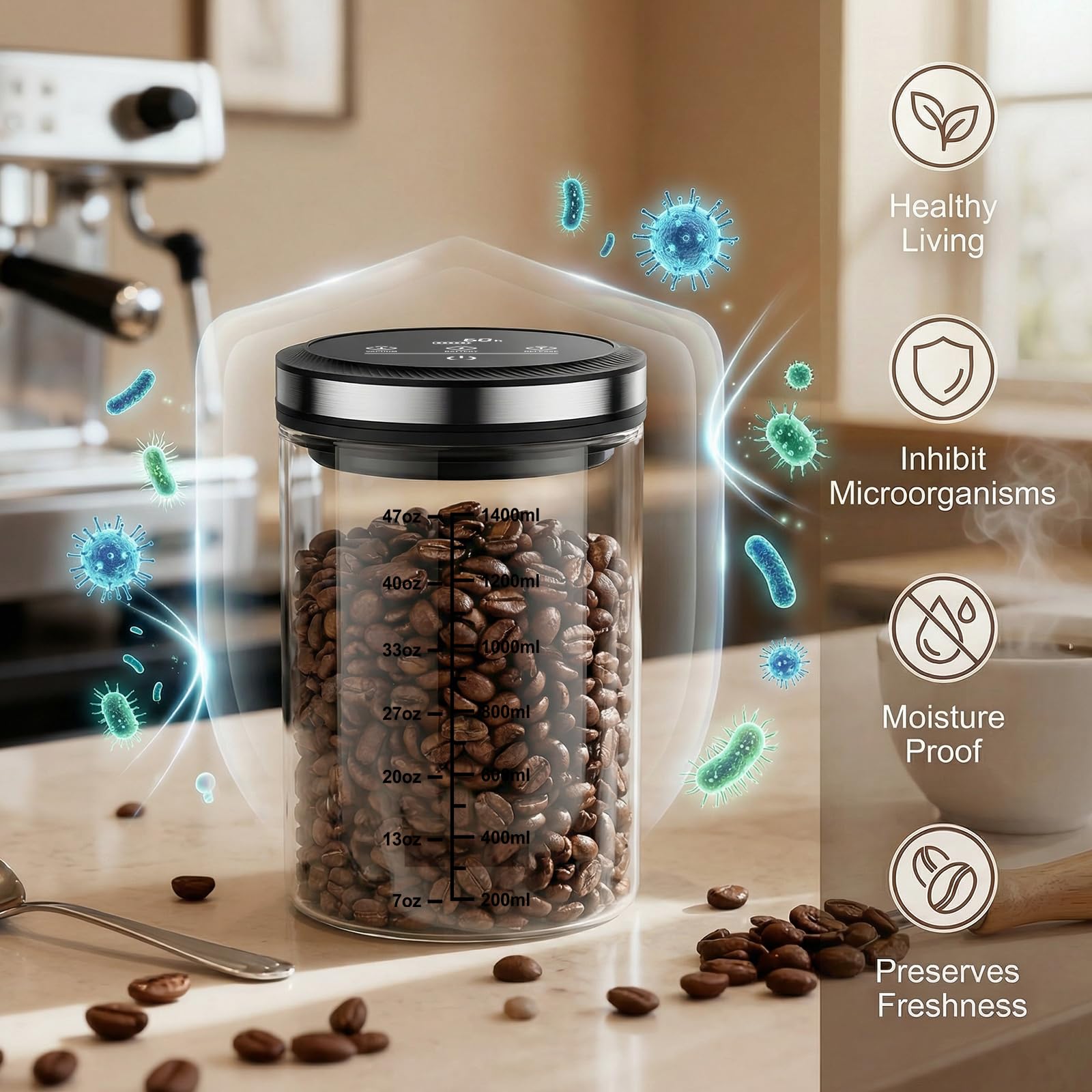 Vakuum-Kaffeedose, 1,6 l, großes Fassungsvermögen, luftdichter Kaffeebehälter mit abgestufter Skala und Vakuumdauer-Anzeige. Mit transparenter Borosilikatglas-Konstruktion