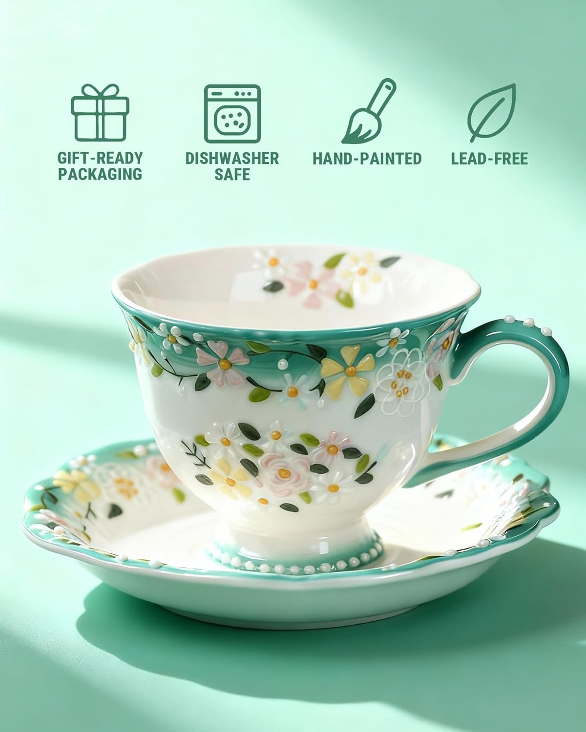 Exquisite Bone China Tea Cups and Saucer Set – Elegant Porcelain Tea Cups, Beautifully Detailed for Tea Lovers, Gift-Ready for Christmas, Hostess, Holiday Gift & Fall Decor