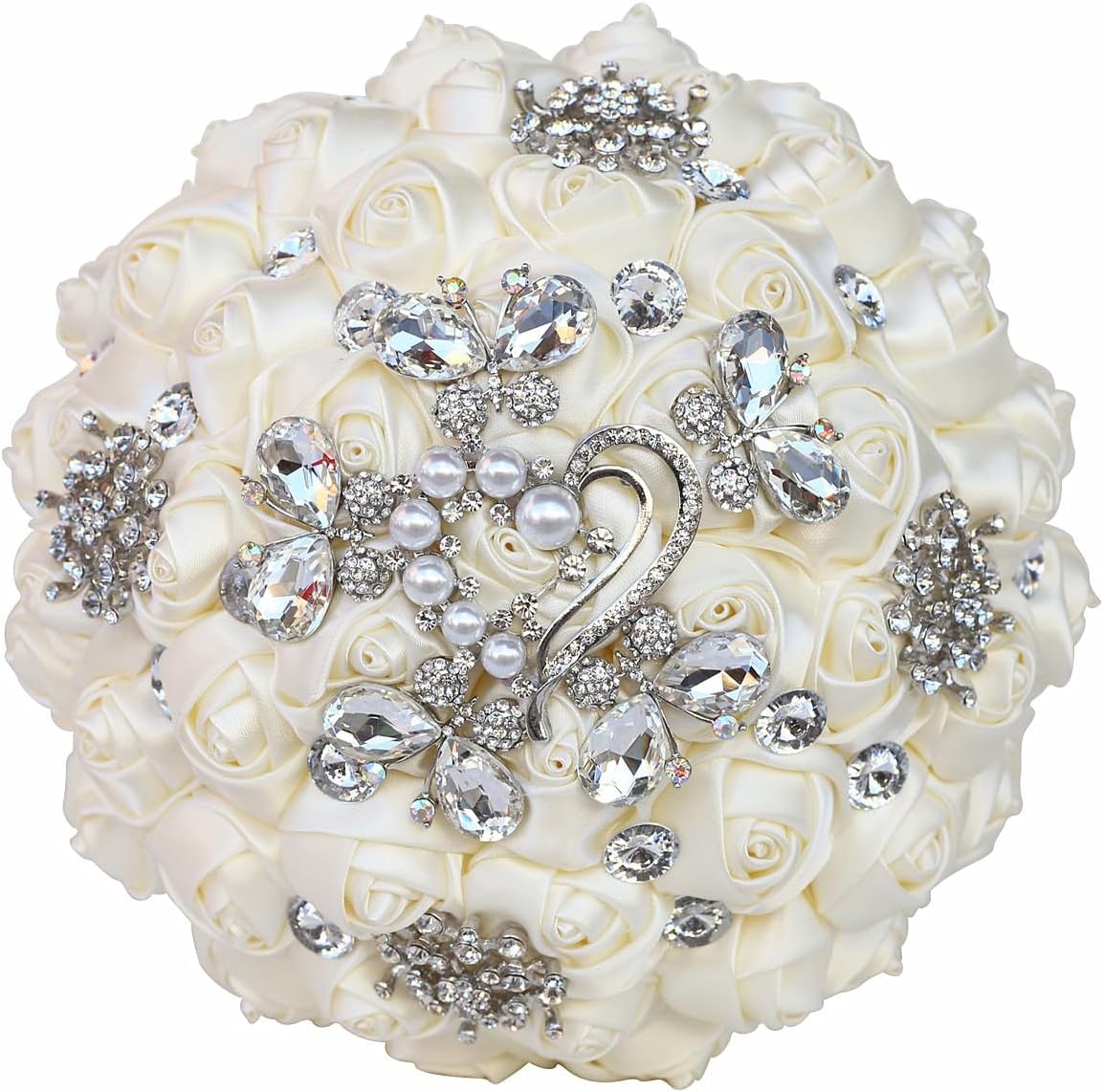 Handmade Rhinestone Brooch Satin Bridal Bouquet,Crystal Wedding Round Tossing Bouquet,Artificial Flower Bunch with Diamond Pearl Ribbon 7.1"(85#Light Blue)