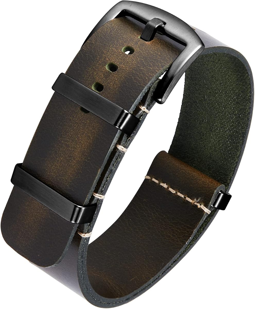BINLUN Correa de reloj de cuero Crazy Horse Correas de reloj de cuero engrasado 18 mm 19 mm 20 mm 21 mm 22 mm 24 mm Correas de reloj de repuesto de una sola pieza para hombres y mujeres Hebilla plateada y negra