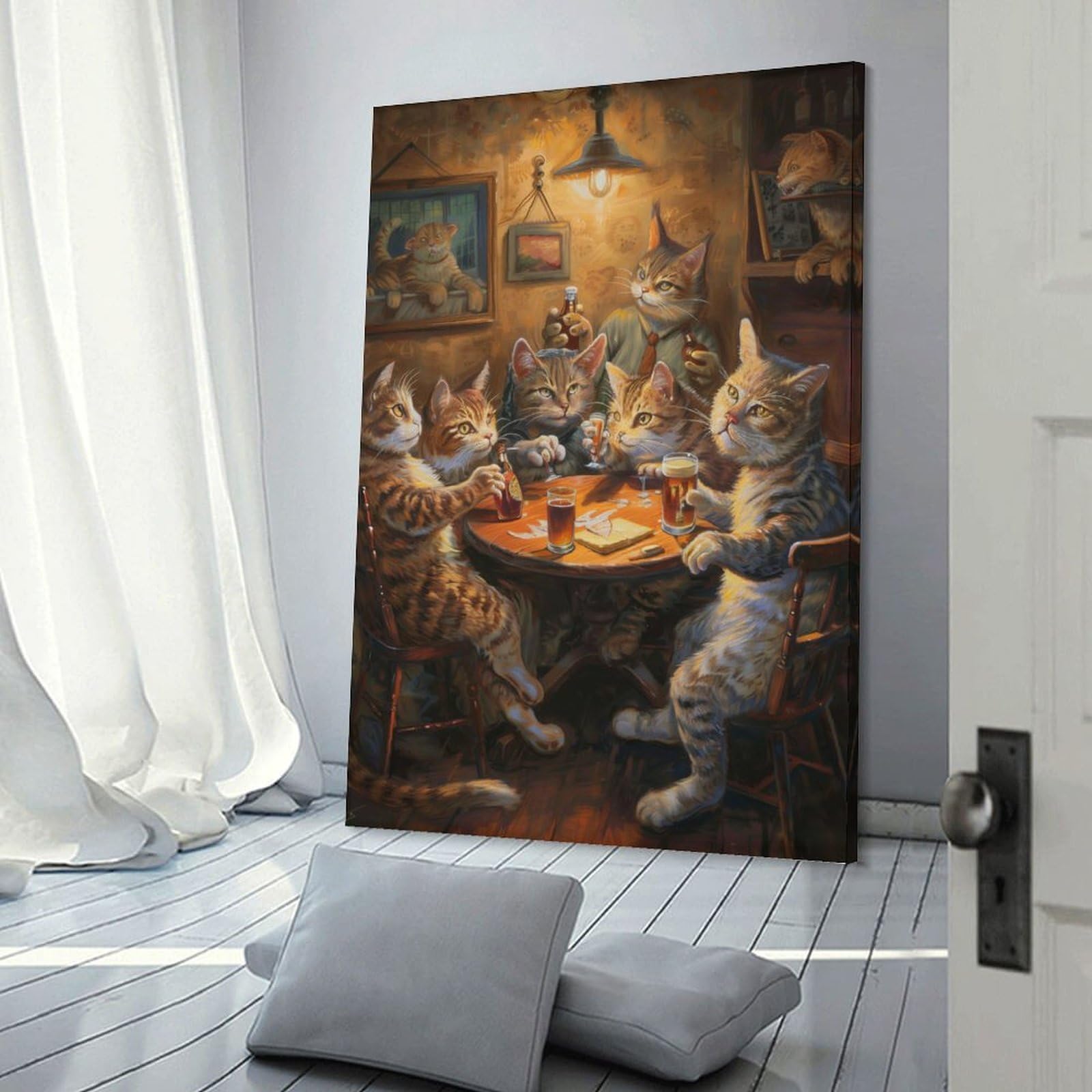 Junmoney Frame-Style-9 Cats Beer In A Tavern Canvas Wall Decor, 12X18inch(30X45cm), For Wall Displays, Bedrooms Or Room Updates, Wall Decor Suited To Curated Displays