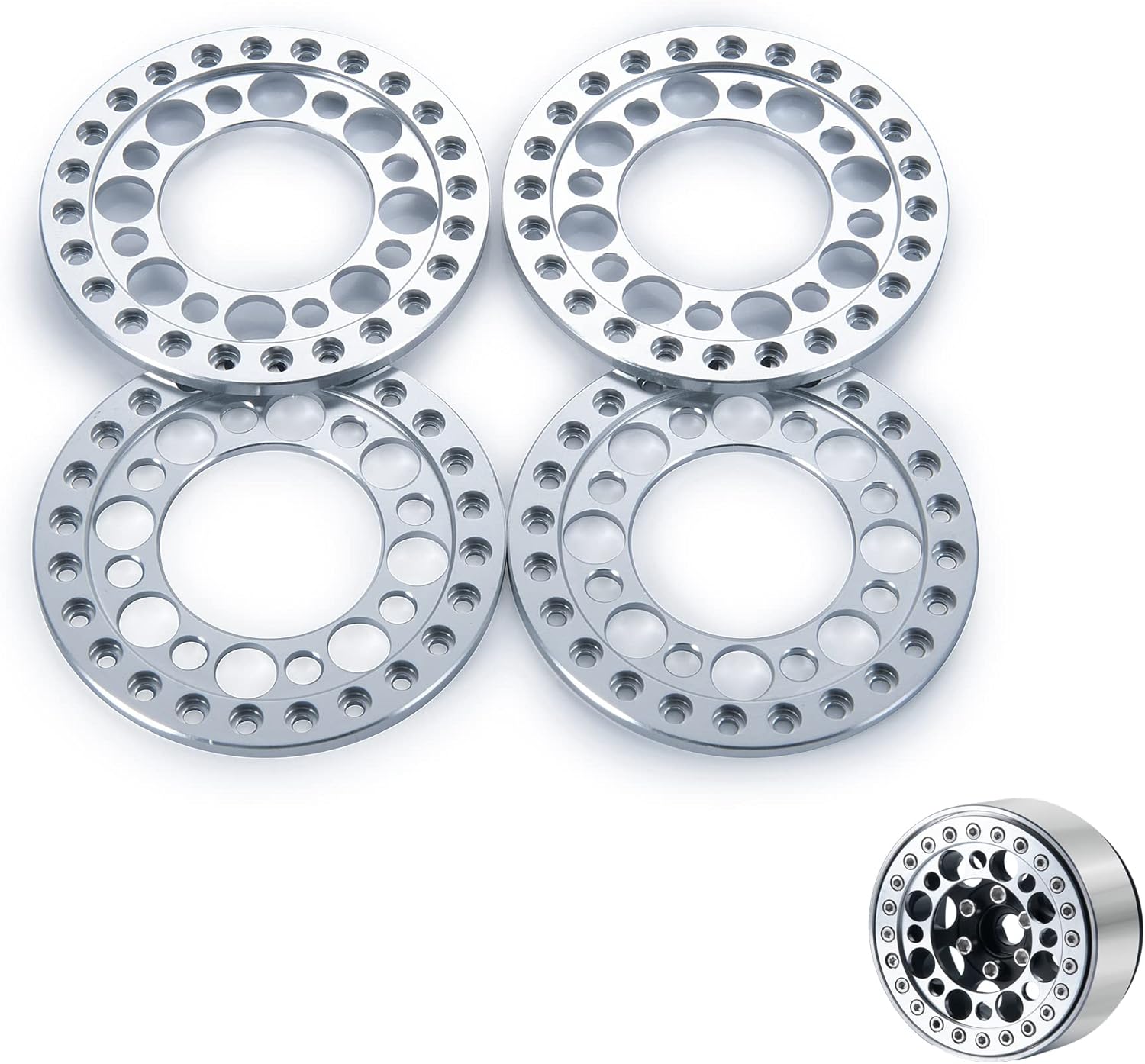 Zolikar 4Pcs RC 2.2 Beadlock Wheel Rings Aluminum Alloy for 1/10 Scale RC Crawler Car Accessories SCX10 D90 Wraith 90048 90018 RR10 1:10 Beadlock Wheels Upgrades, Silver