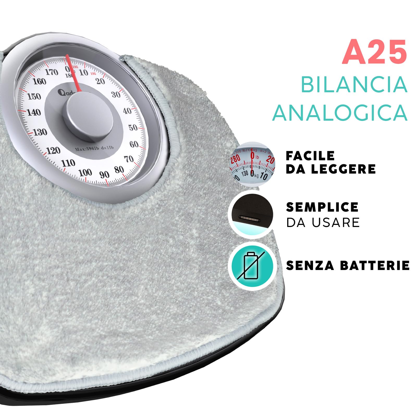 Adamson A25 Bilancia Pesapersone Meccanica, Analogica, Fino a 180 kg, Piedini Anti Scivolo – Durevole, Accurata, Precisa – 20 Anni di Garanzia – Per casa – Camera da Letto e Bagno - Tappeto Grigio
