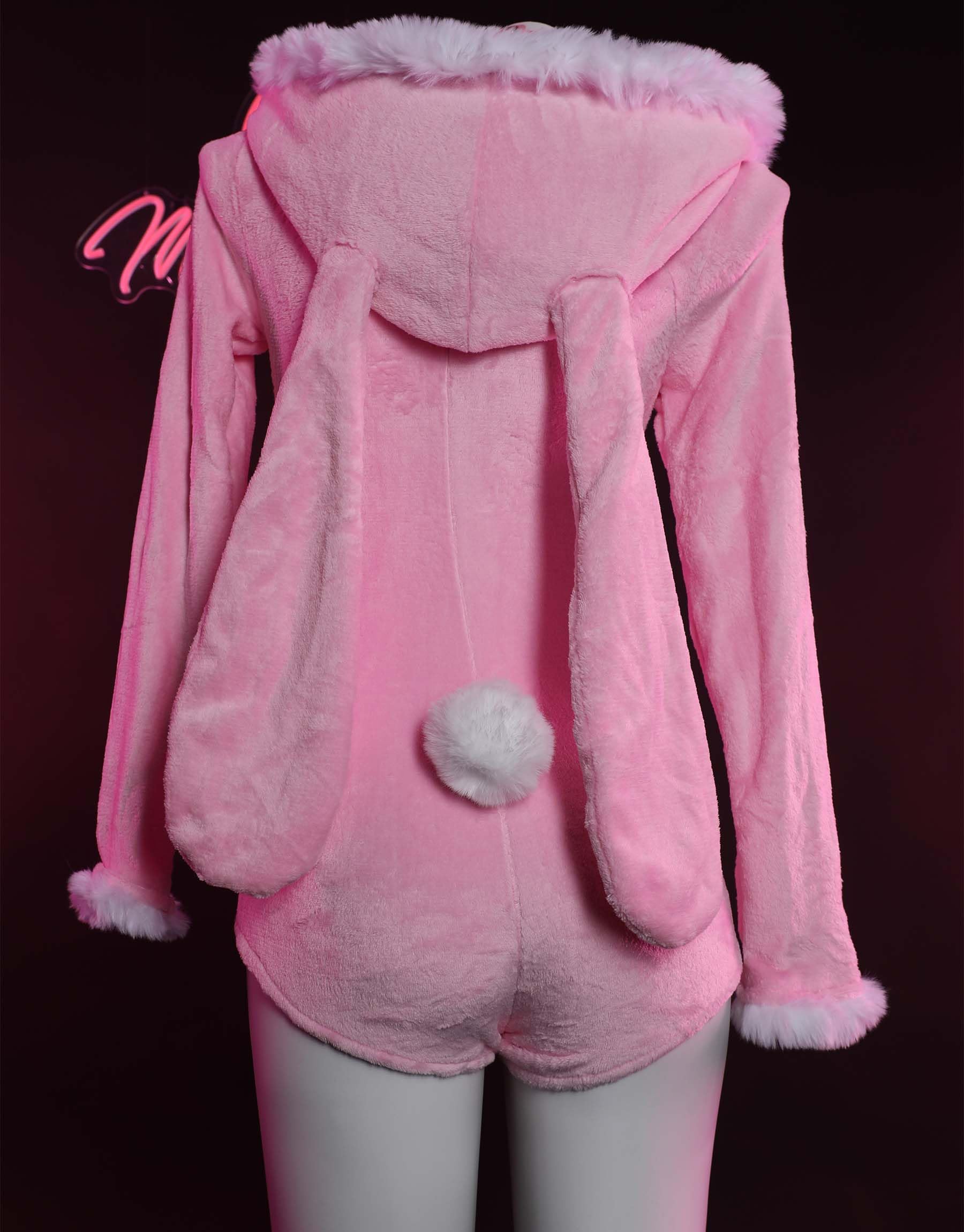 Mobbunny Cute Bunny Ear Onesie Pajama Fuzzy Romper Long Sleeve Loungewear Hooded Jumpsuit Zipper Fluffy Homewear with Socks: Medium Pink