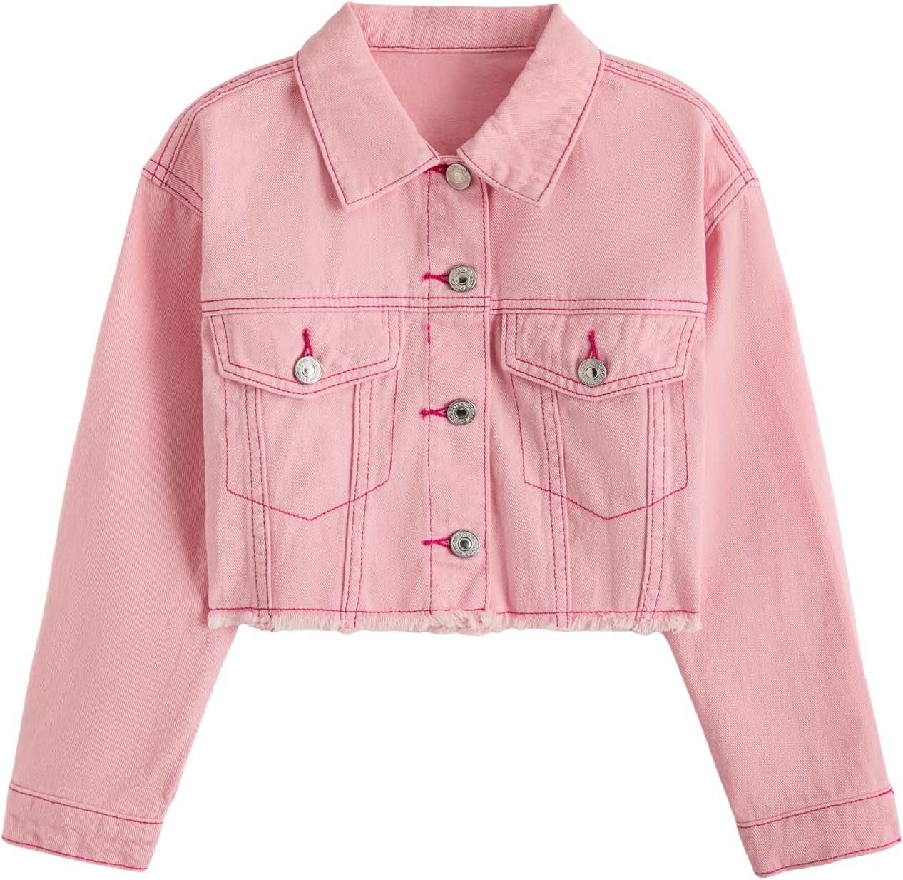 Verdusa Girl's Raw Hem Crop Denim Jacket Long Sleeve Shacket Single Breasted Spring Fall Outerwear