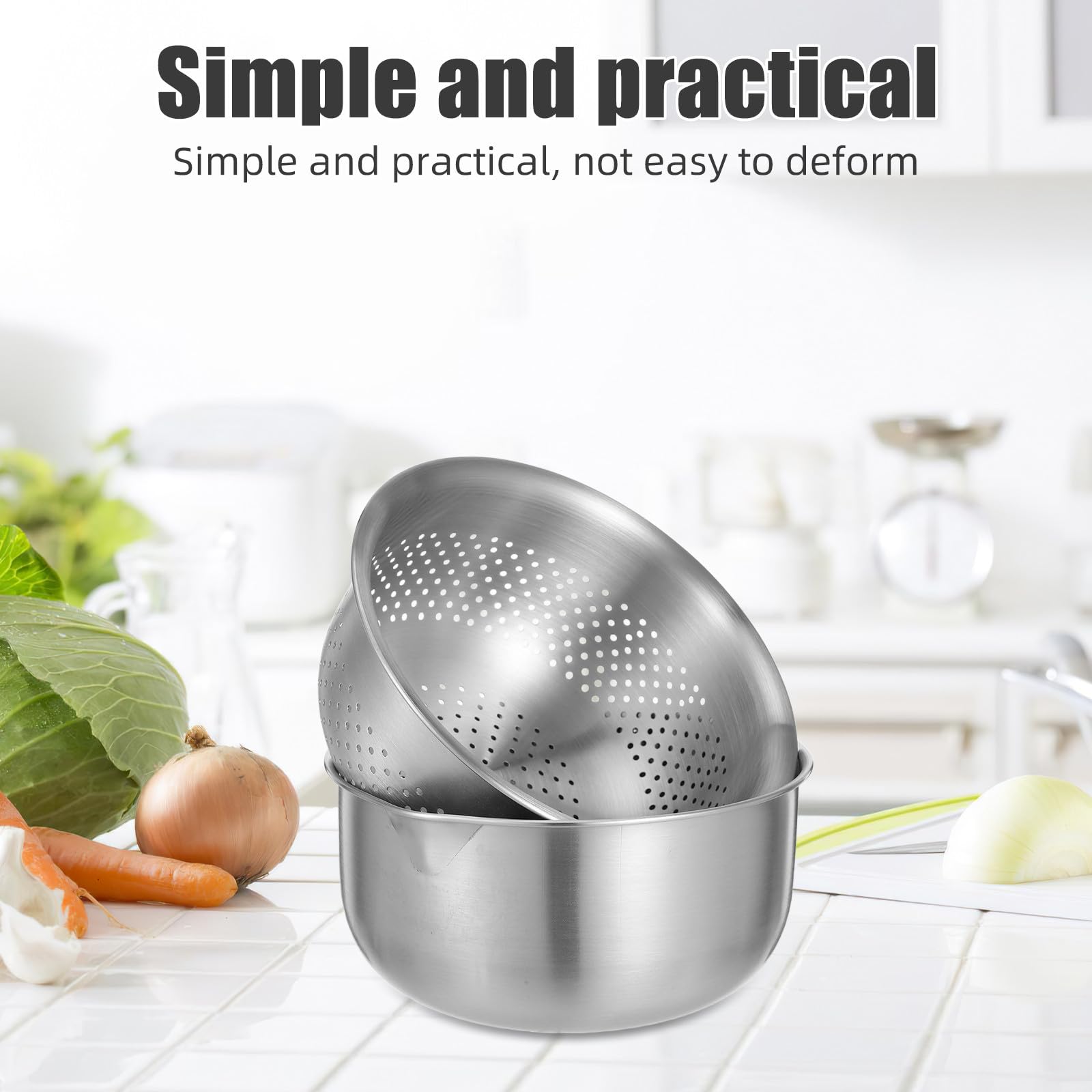 Colador de Acero Inoxidable con Tazón Grande para Mezclar, Cesta Coladora de Malla Fina, Fácil de Limpiar y Drenaje Rápido para Frutas y Verduras en Cocina