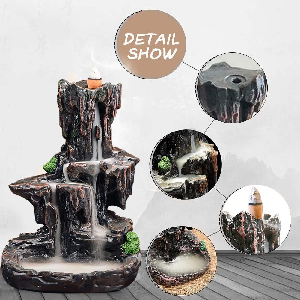 SPACEKEEPER Waterfall Monk Incense Burner Mountain Tower Incense Holders with 120 Backflow Incense Cones + 30 Incense Stick for Home Office Yoga Aromatcherapy Ornamen, Stone Brown