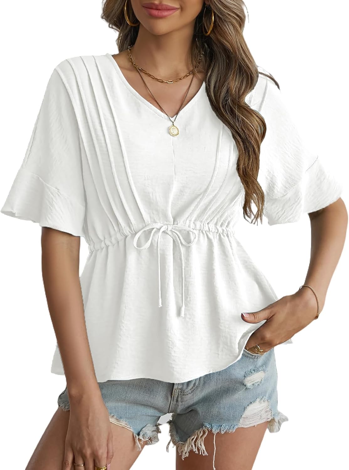 VIMPUNEC Womens Summer Tops Dressy Casual Short Sleeve Blouses Trendy Peplum Tie Front Shirts