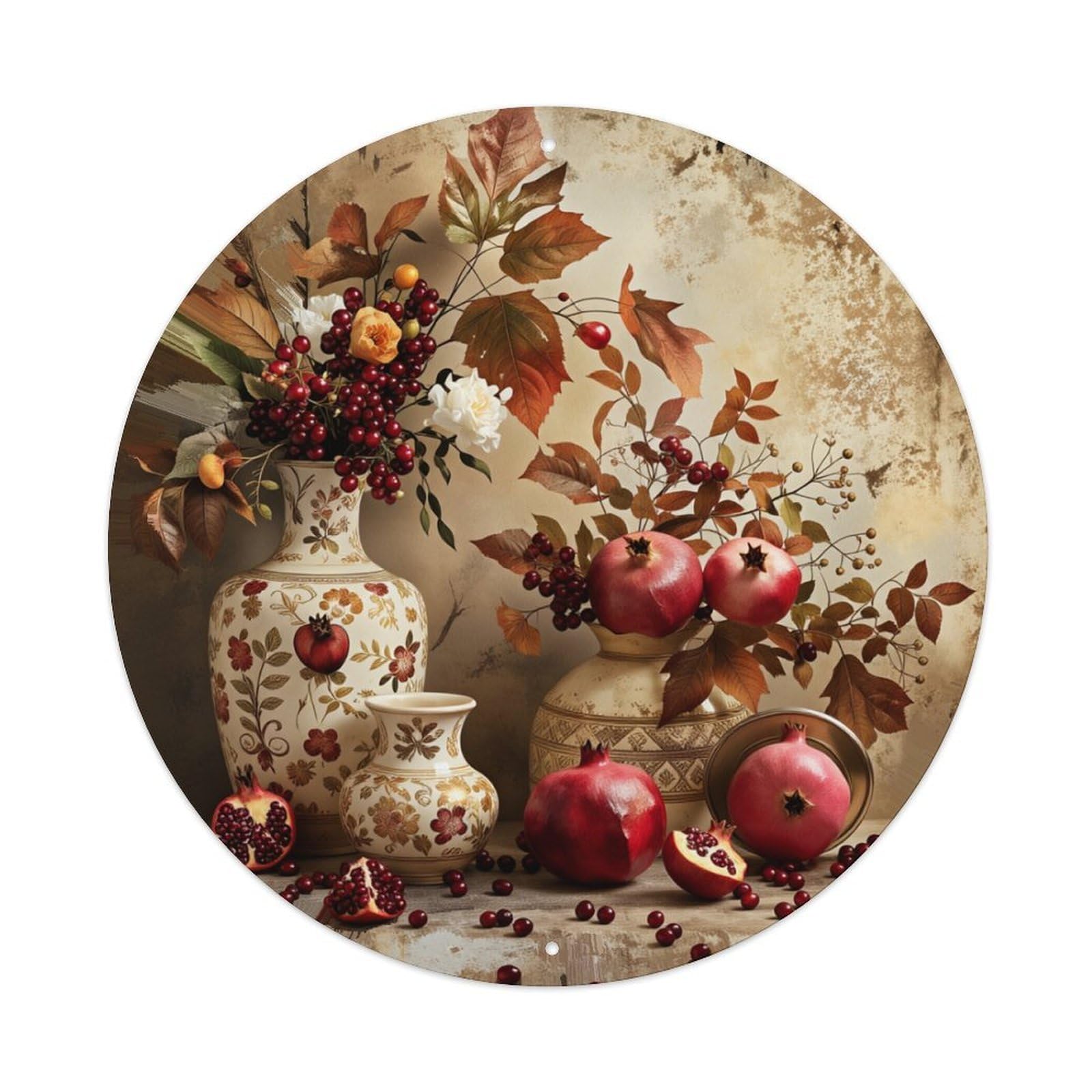 Floral Pomegranate Berry Autumn Leaves Round Tin Sign Retro Metal Sign for Cafe Bar Pub Home Game Room Gym Club Wall Decoration Vintage Metal Poster 8x8 Inch