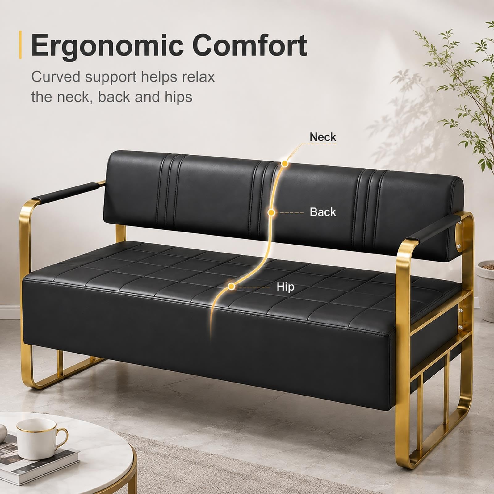 Ławka do Poczekalni z Ekoskóry PU, Sofa Recepcyjna ze Złotą Metalową Ramą