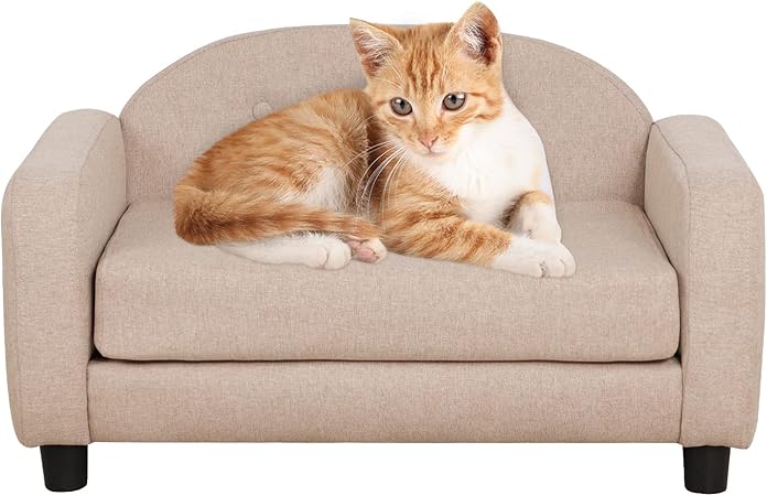 Review Dog Sofas and Chairs for Small Pet/Cat Sofa Bed with Wooden Frame/Bed for Dogs with Linen Fabric/Cat Sofa Chair with Cushion/Dog Couch for Small Dog Rest Using (Beige)