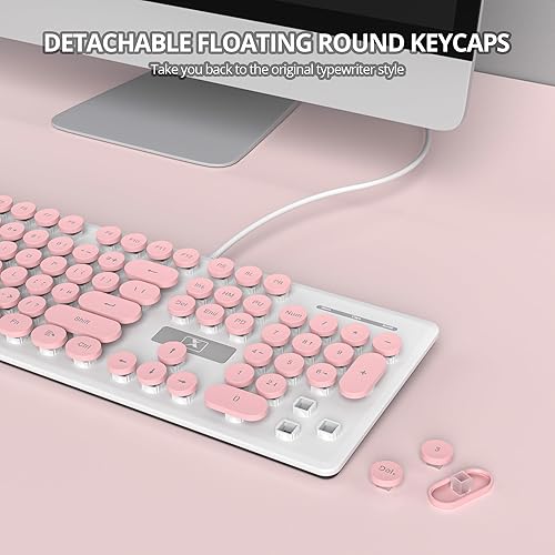 Miniatura 3 de Fogruaden Teclado de máquina de escribir retro con cable, teclado de membrana silencioso de tamaño completo iluminado, bonitos teclados de