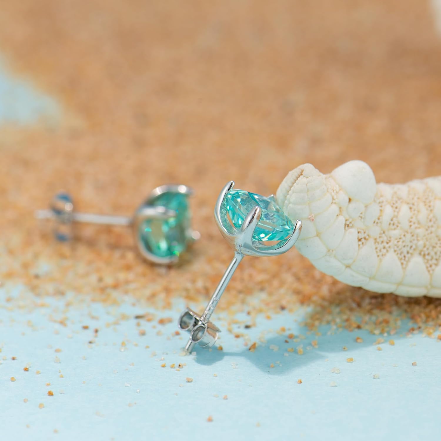 Cubic Zirconia Stud Earrings, Unique Paraiba Blue/Sunshine Yellow Princess Cut Diamond, Crystal Clear Color CZ, White Gold plated S925 Sterling Silver - Image 6