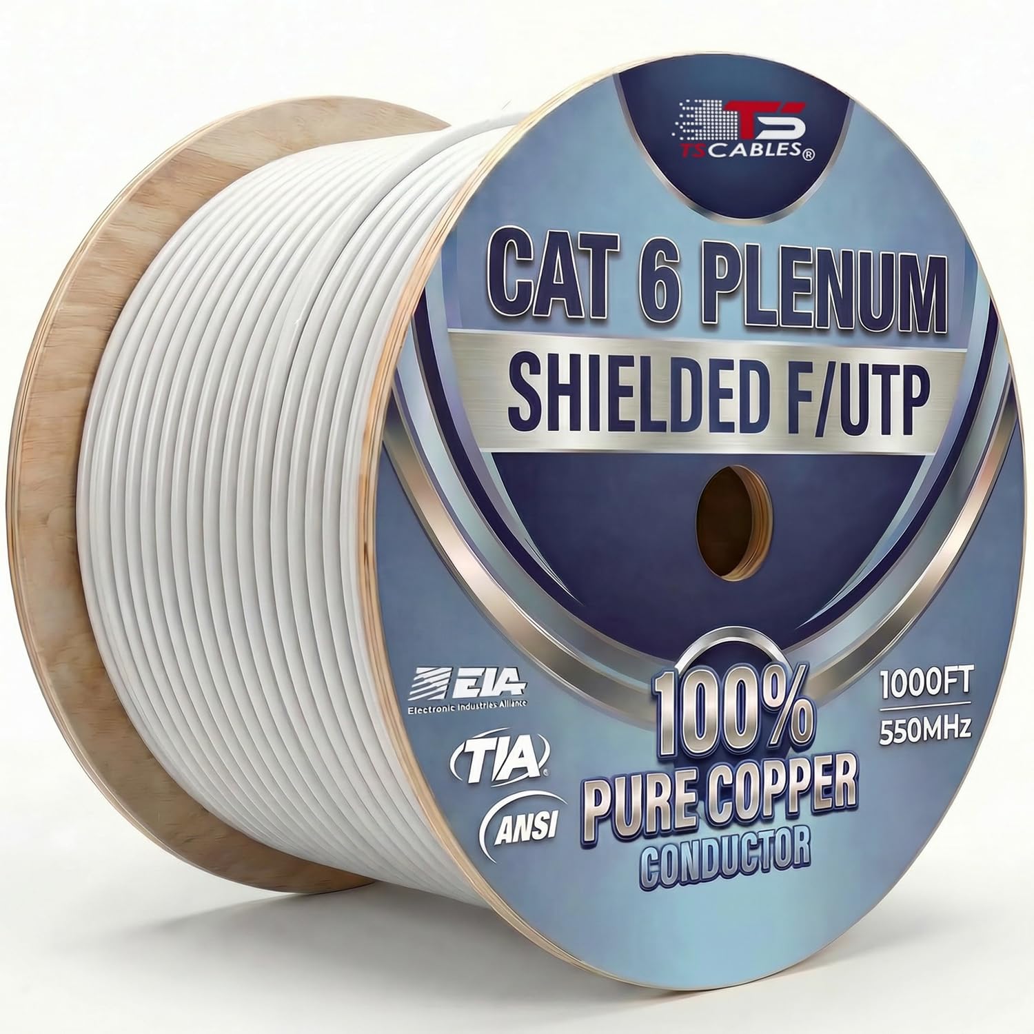 TSCables | Cat6 Plenum Shielded (CMP) Overall Foil Shield (F/UTP), 1000ft, 23AWG | 100% Solid Bare Copper | 550MHz | Bulk Ethernet Cable (Cat6 Plenum Shielded, White, 1000ft)