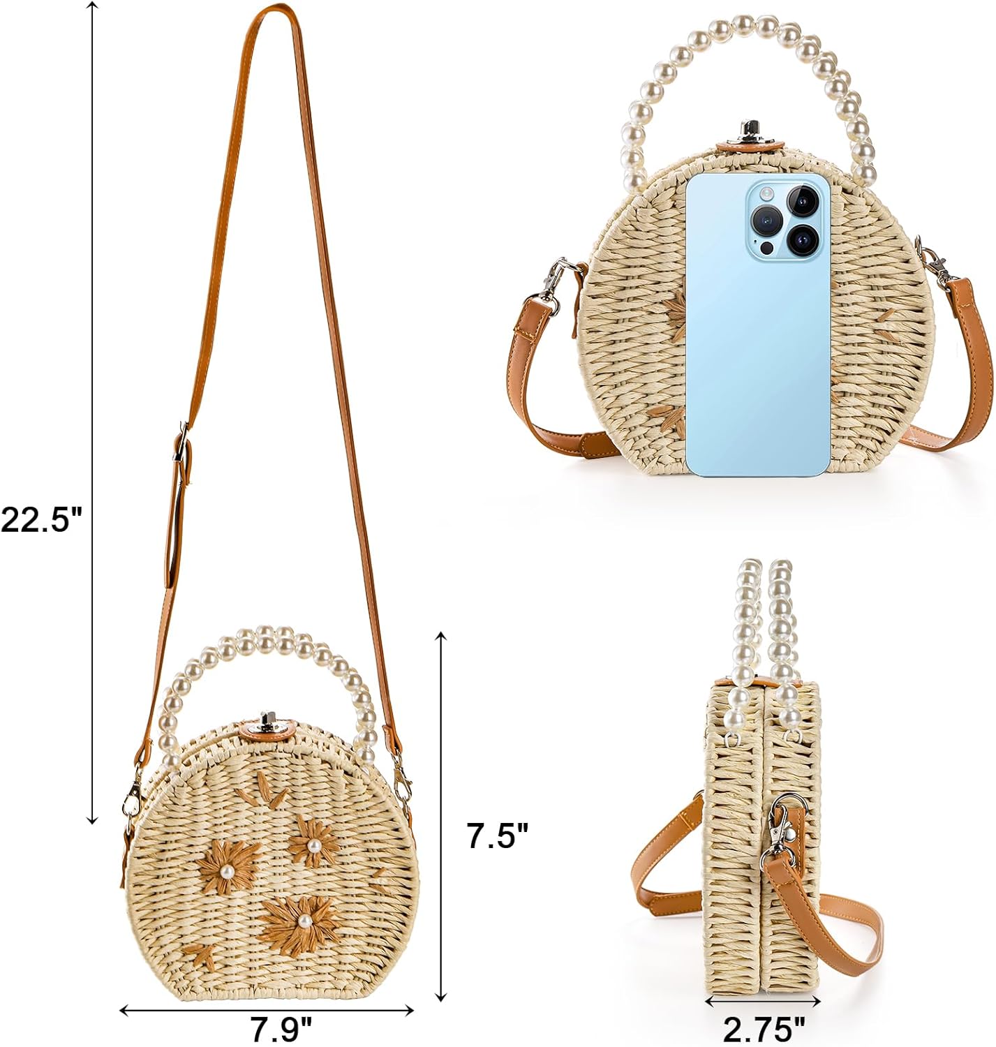 Handwoven Round Rattan Bag, 8" Straw Crossbody Bags with Adjustable Straps, Top Pearl Handle Wicker Tote Bag, Boho Summer Beach Basket Purse, Flower Woven Shoulder Bag for Women Lady - Image 4