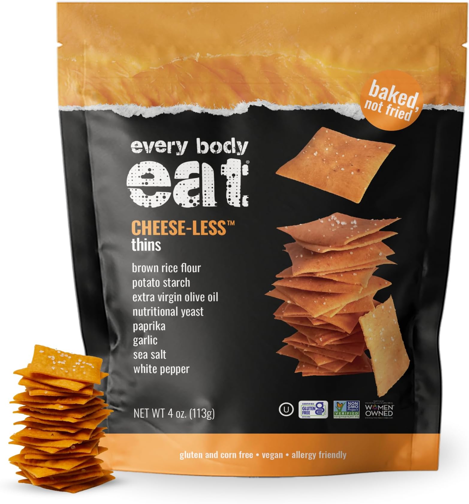 Every Body Eat Gluten Free Crackers, Cheese-Less – Vegan Snacks, Dairy Free Cheddar Style Snack Crackers, Seed Oil Free (Pack of 6), 4 oz Bags