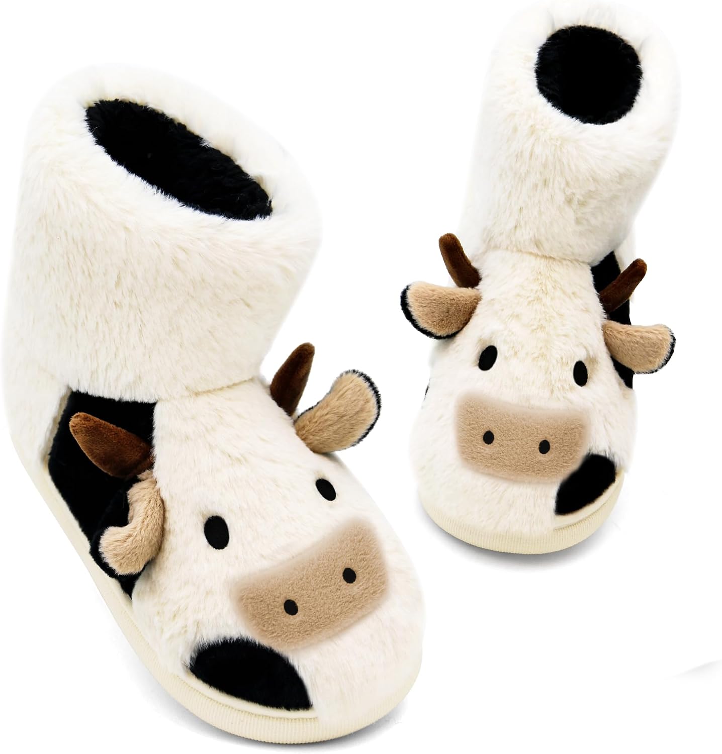Fuzzy Cow Booties Slippers for Women Men, Cute Cozy Cow boot Slippers for Adult Indoor, Warm Furry Bedroom House Shoes for Winter