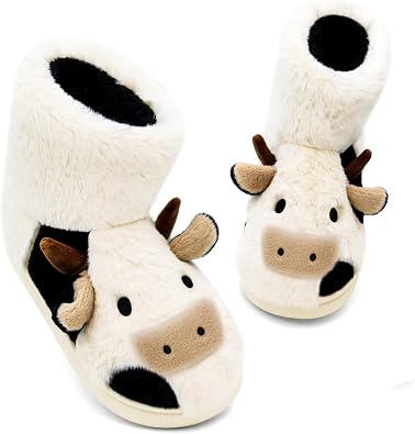 Fuzzy Cow Booties Slippers for Women Men, Cute Cozy Cow boot Slippers for Adult Indoor, Warm Furry Bedroom House Shoes for Winter