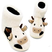 Fuzzy Cow Booties Slippers for Women Men, Cute Cozy Cow boot Slippers for Adult Indoor, Warm Furry Bedroom House Shoes for Winter