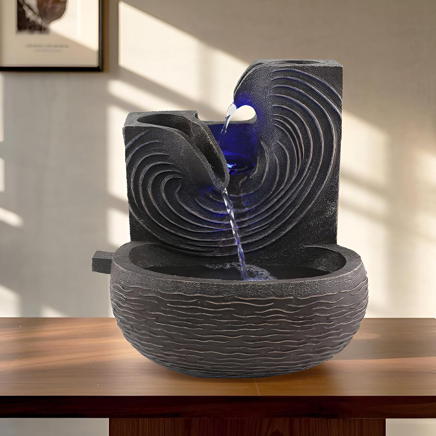 Indoor Tabletop Fountain with RGB LED Lights – Resin Waterfall Decor with 10 Natural Crystals – Feng Shui Desk Fountain for Home, Office, Entryway – Great Housewarming Gift(Style 2)