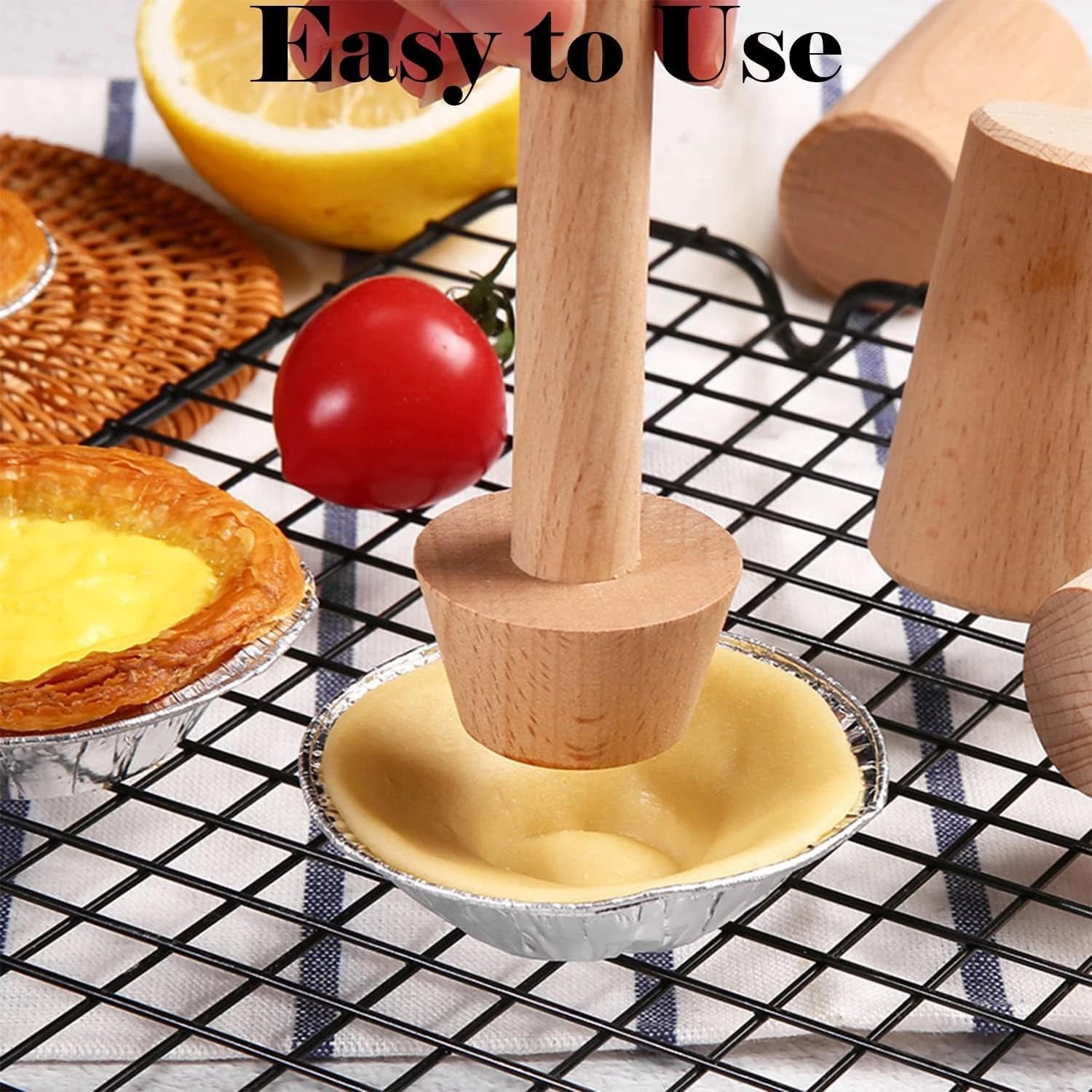 2Pcs Wooden Tart Tamper Set,Double Sided Pie Pastry Dough Tamper with Pastry Brush,Wooden Molds Egg Tarts Tamper Pastry Tools for Mini Muffin Tins,Tart Pans