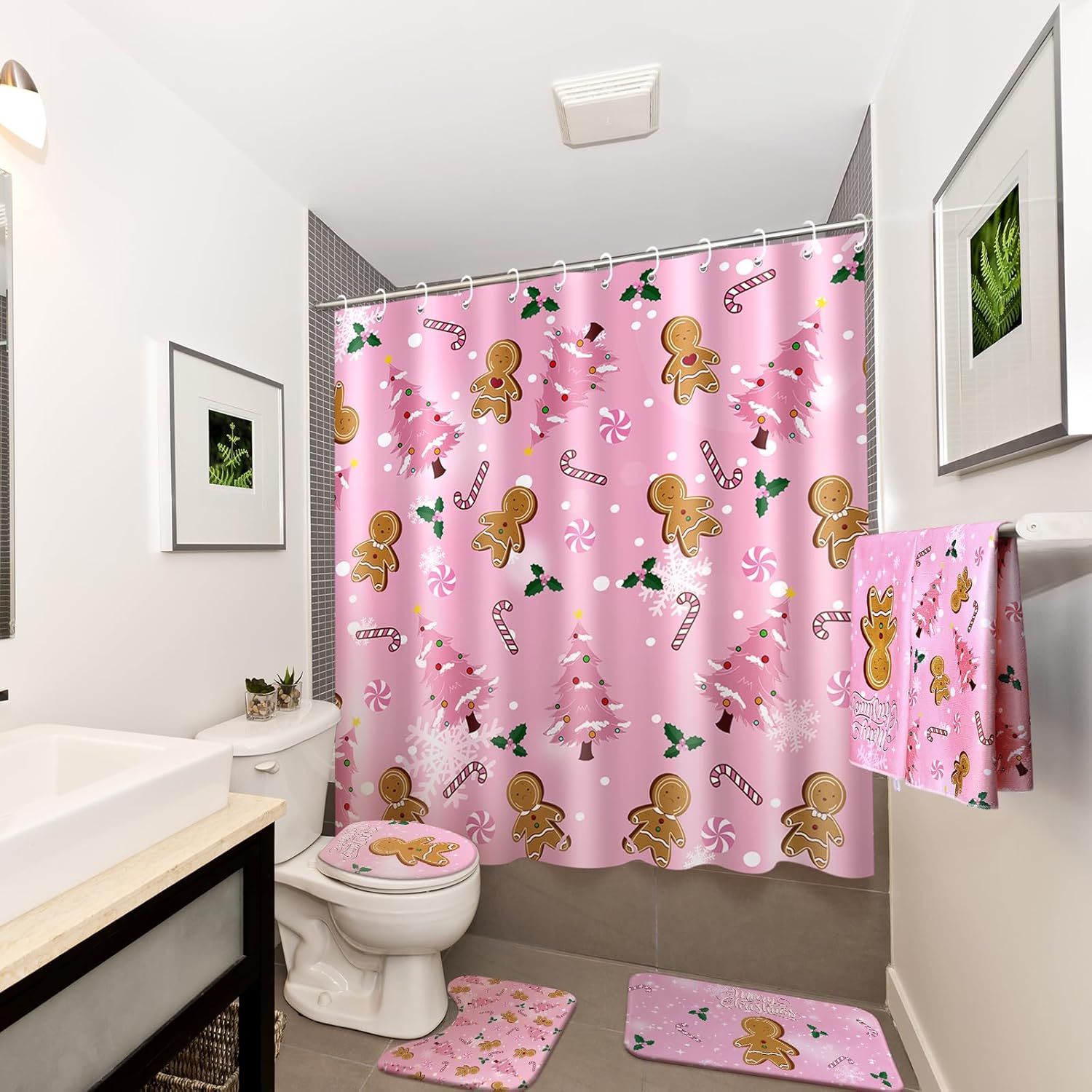 Honeydak 8 Pcs Christmas Pink Gingerbread Man Shower Curtain Set Gingerbread Man Bathroom Decor Aesthetic Bathroom Curtain with 12 Hook Anti-slip Rug Toilet Lid Cover Bath Mat and Towel for Women Bath