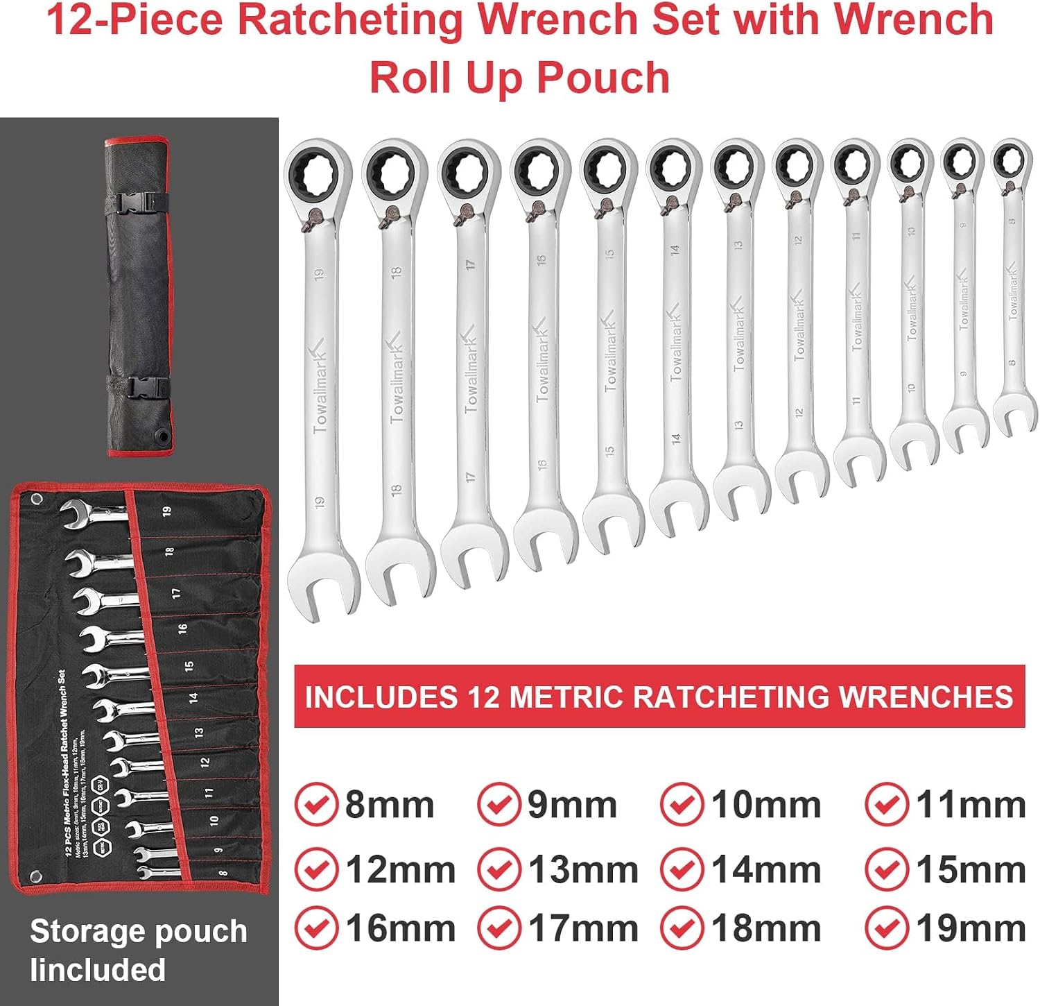 Towallmark Ratcheting Wrench Set 12pcs, Metric Standard Wrench Sets, Combination Ratchet, Metric 8-19mm, 72-Teeth,Cr-V Steel Ratchet Wrenches Set with Pouch for Motorcycle/Car/Mechanical Etc