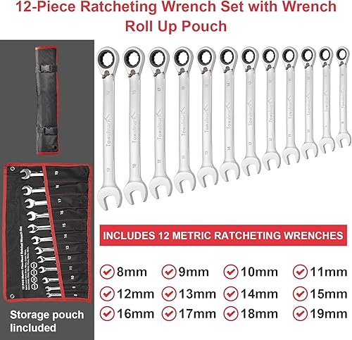 Miniatura 2 de Towallmark Juego de llaves de trinquete, 12 piezas, juego de llaves estándar métrico, trinquete combinado, métricas 0.315-0.748 in, 72 dientes