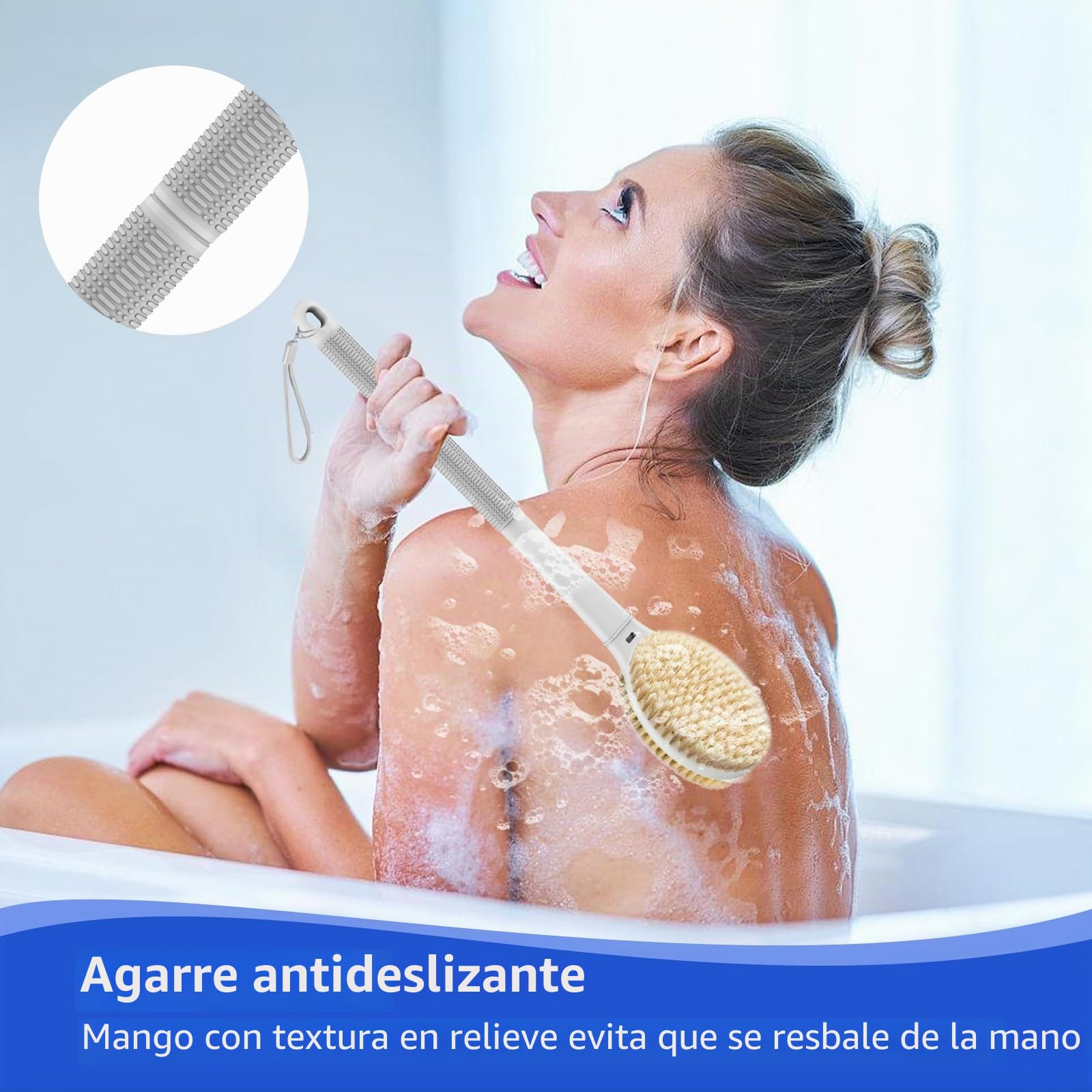 elzle Cepillo Espalda Ducha,44 cm Cepillo Ducha Espalda de Doble Cara con Cerdas Rígidas y Suaves para Mujeres, Hombres y Personas Mayores,Gris