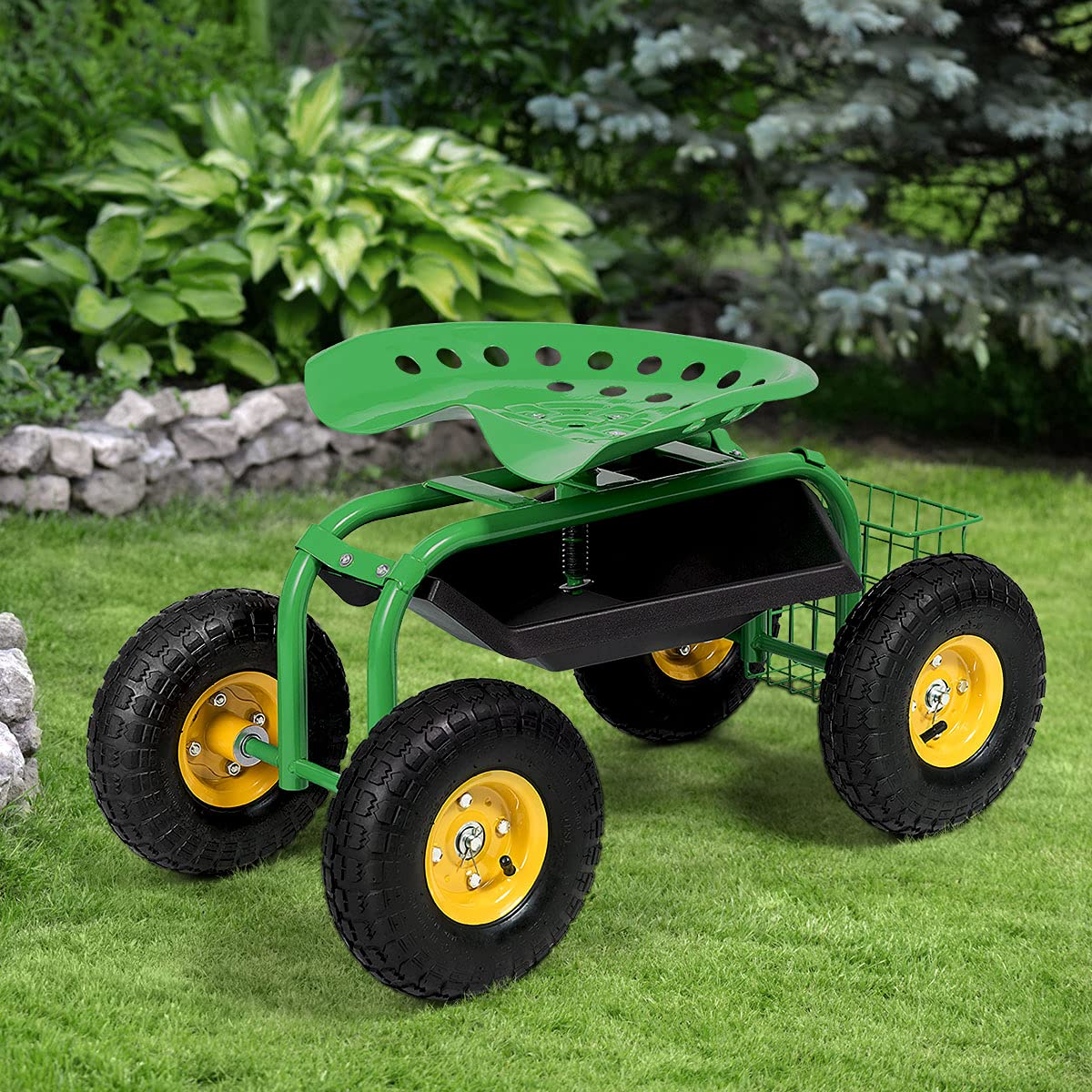 COSTWAY Sgabello da Giardino, Sgabello per Giardinaggio con Ruote, Sedile Regolabile in Altezza e Girevole a 360°, Cestello e Vassoio, Carrello per Prato e Giardino, Portata 150 kg(Verde)