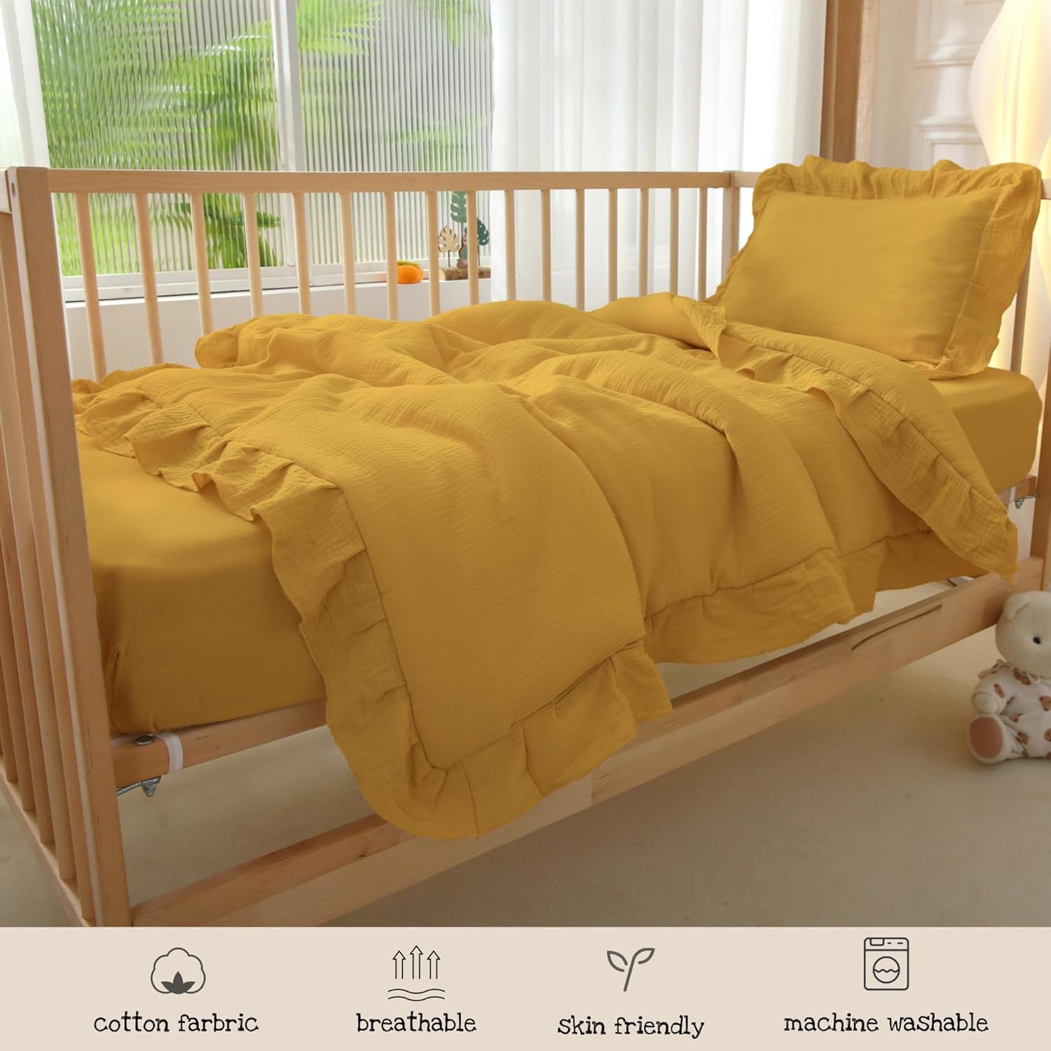 Muslin Cotton 3-Piece Crib Bedding Set for Girls Boys,Ultra Breathable Soft Crib Comforter Set with Cute Ruffled Down Alternative Crib Comforter, Fitted Sheet, Pillowcase, All Season (Yellow)