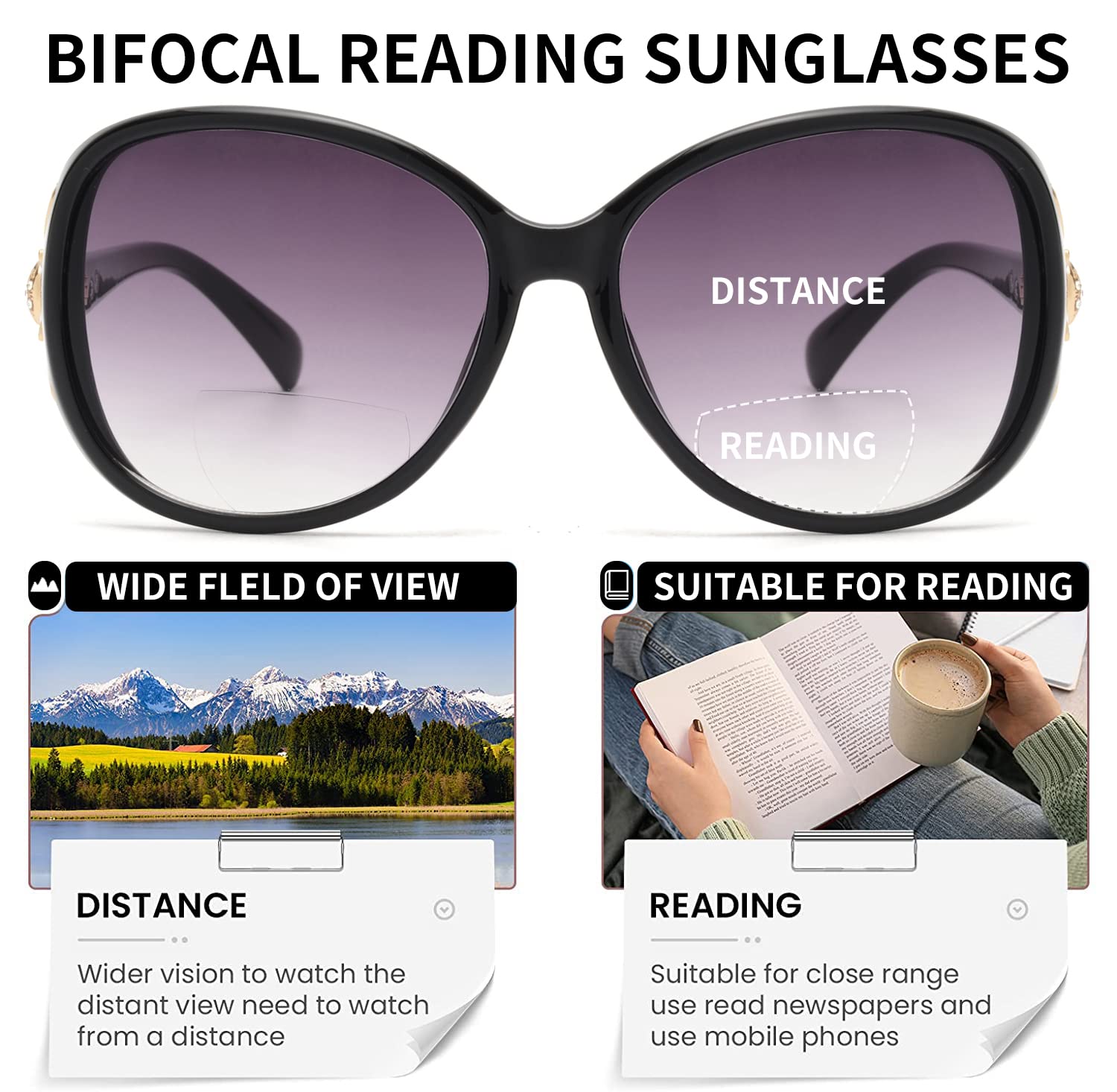 JM Classic Bifocal Reading Sunglasses for Women Vintage Reader Glasses Outdoor Black(200838) +1.0 - Image 4
