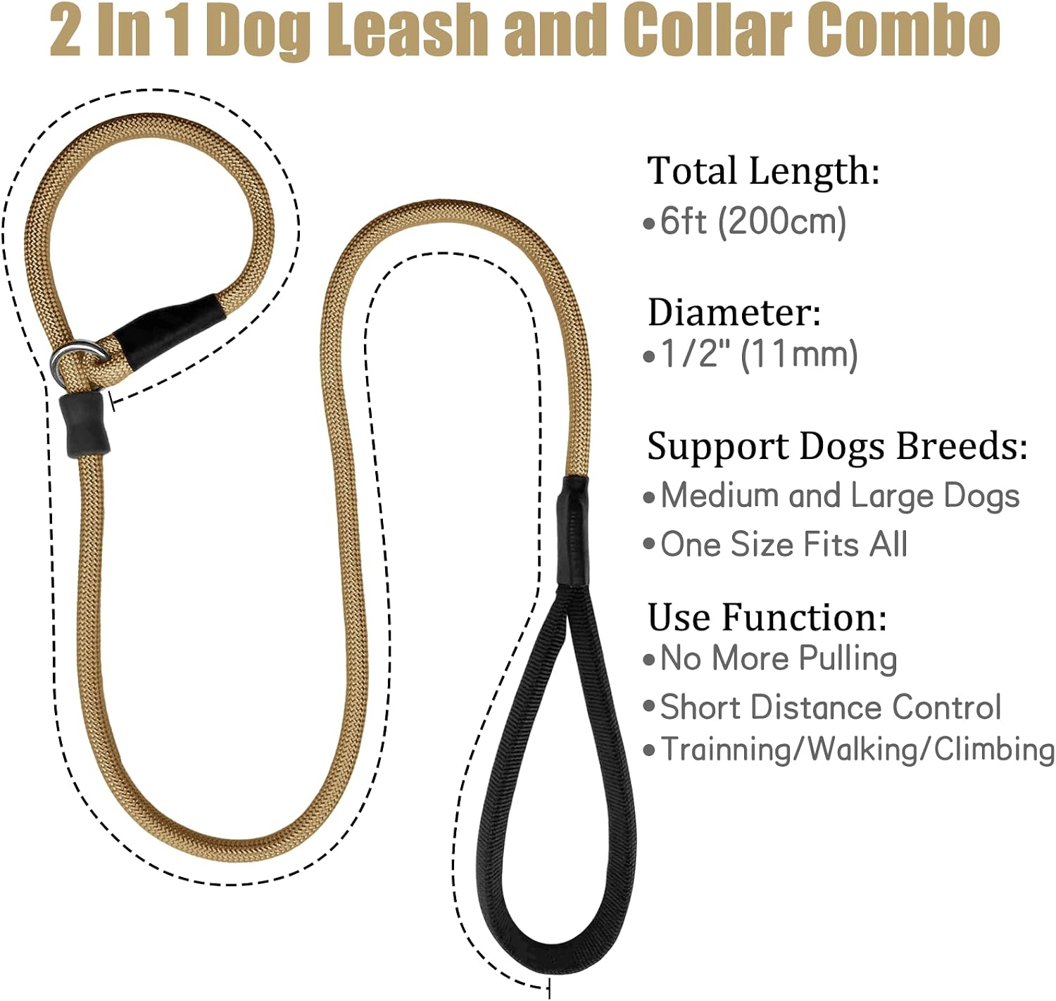 Strong Slip Rope Dog Training Leash (4ft) - Heavy Duty Durable Braided Nylon Lead with Rubber Stopper & Padded Handle - No Pull Walking for Medium Large Dogs (Khaki, 1/2" x 6ft)